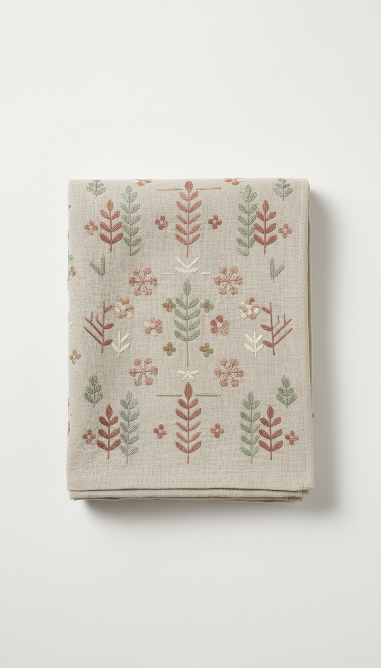 Linen Throw Blanket with Embroidered Wheat