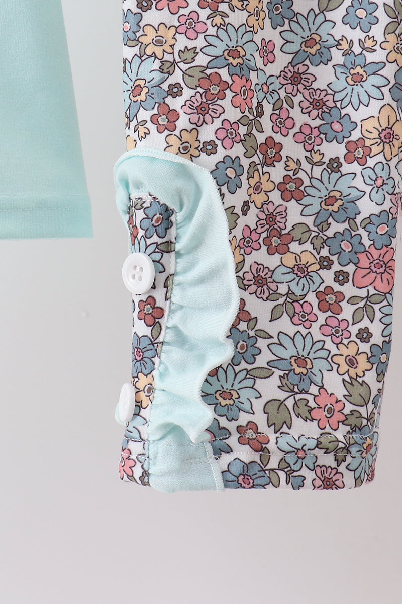 Blue Floral Bow Applique Pants Set