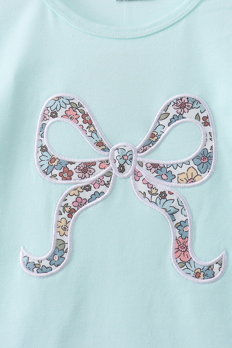 Blue Floral Bow Applique Pants Set