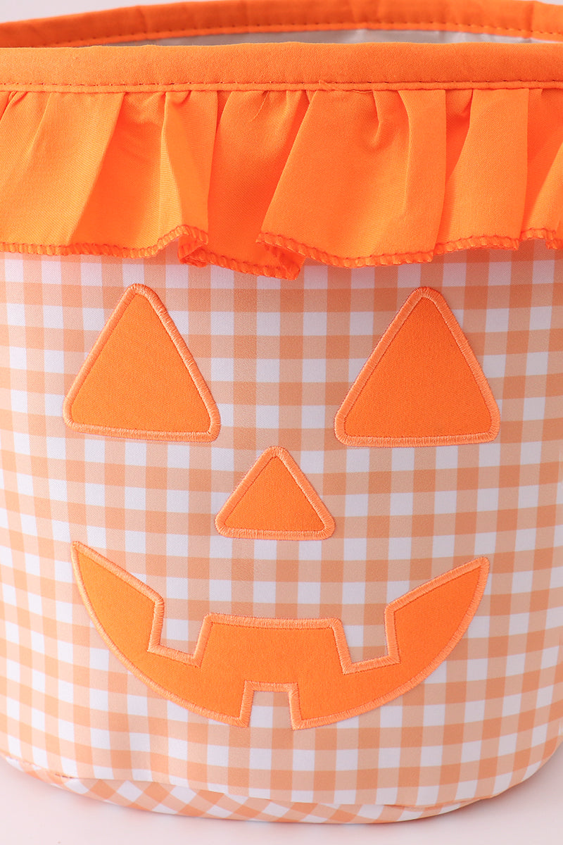 Orange Pumpkin Applique Gingham Ruffle Basket