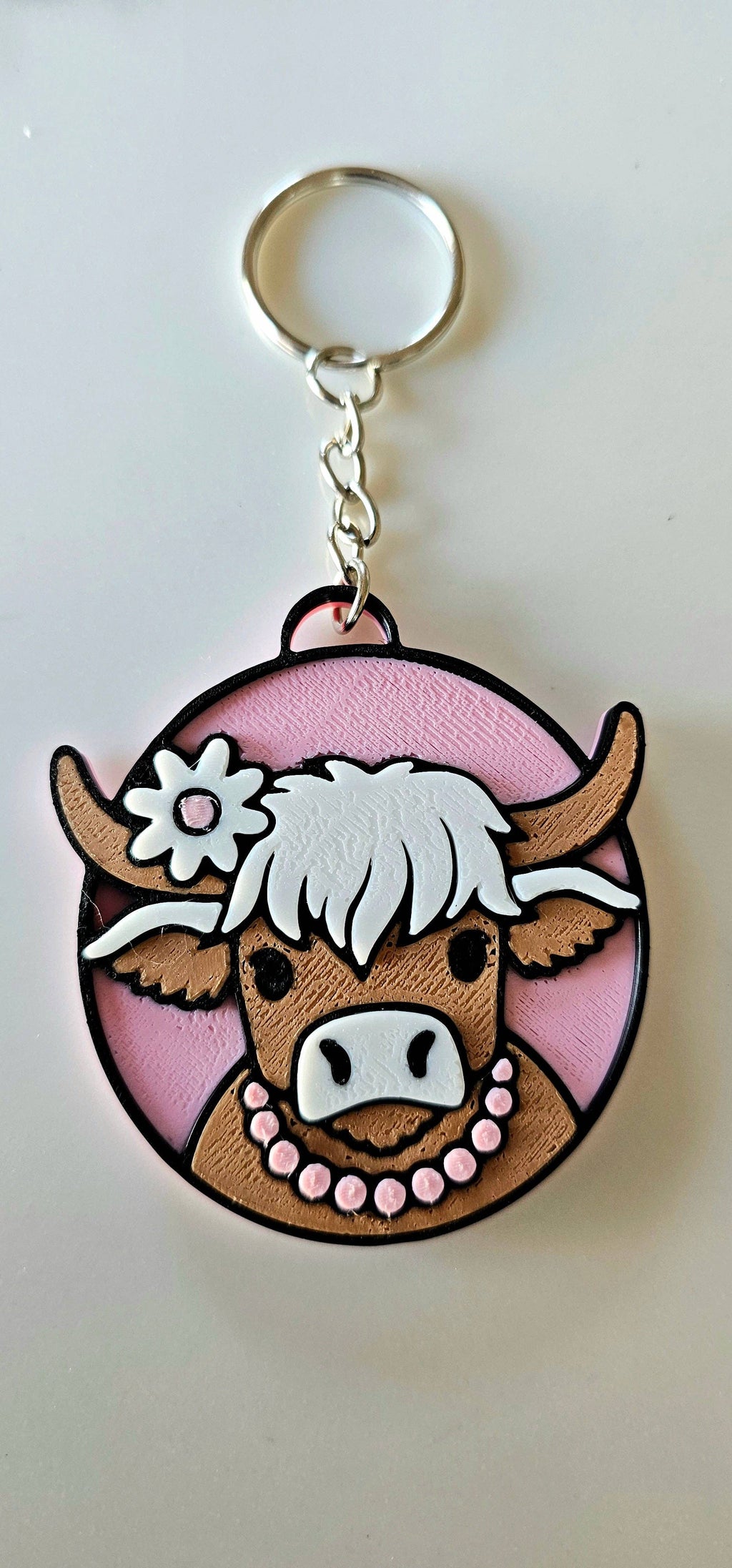 3D PRINTED COWGIRL HIGHLAND COW KEYCHAIN