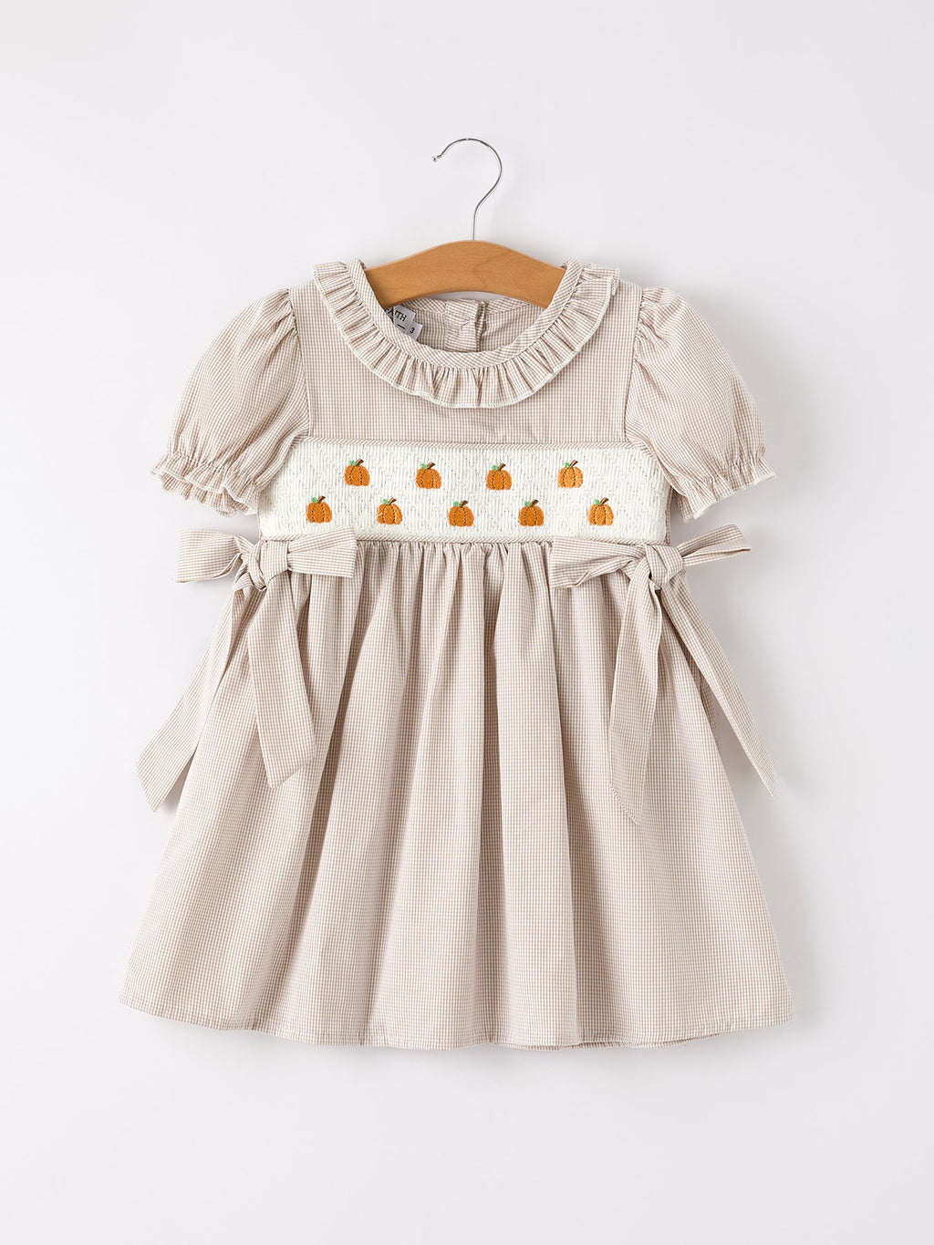 Fall Thanksgiving Pumpkin Embroidery Smock Plaid Girls Dress
