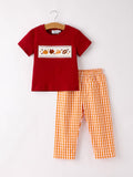 Fall Turkey Embroidered Boy Set – Orange Checkered with Thanksgiving Details