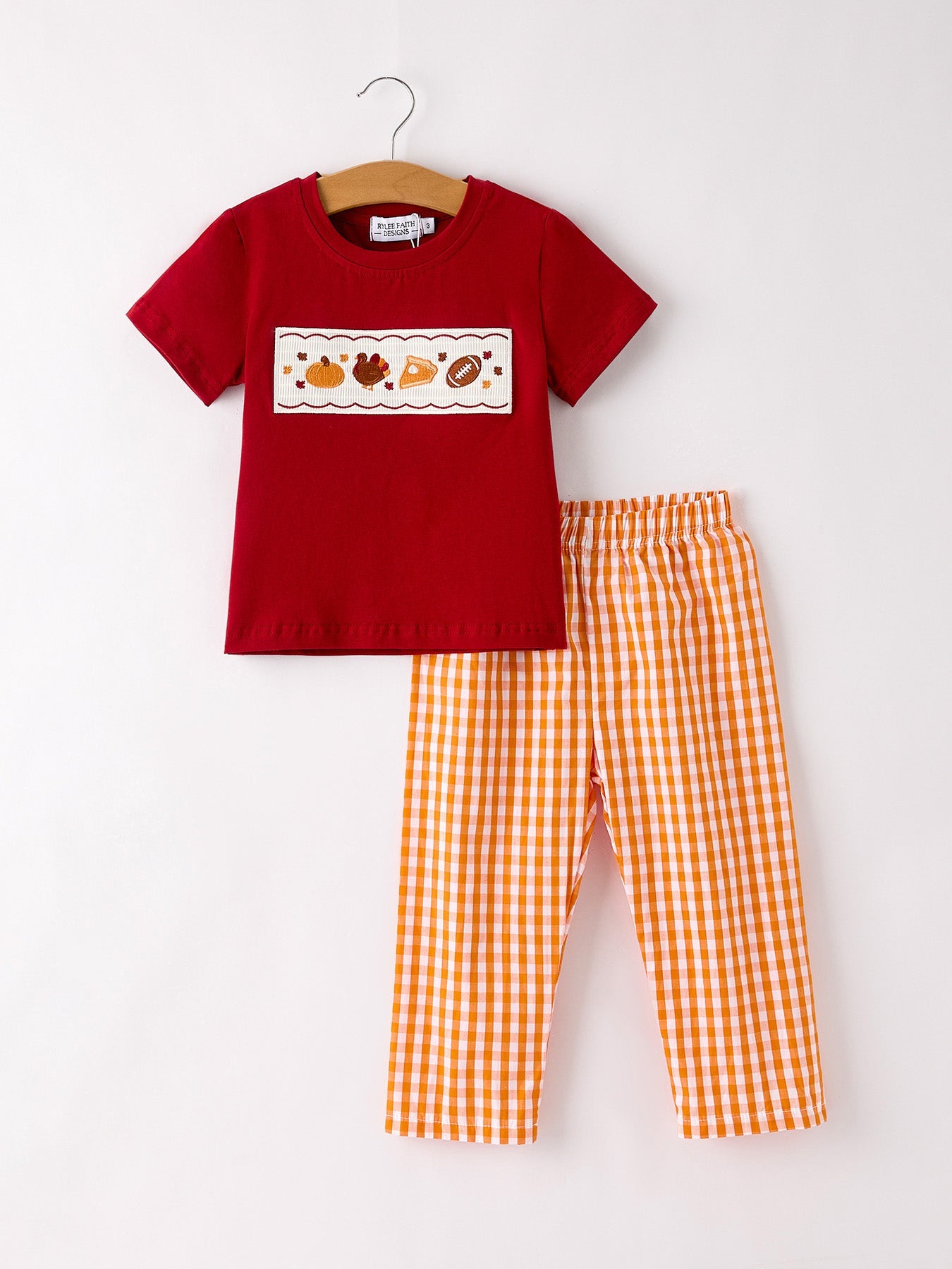 Fall Turkey Embroidered Boy Set – Orange Checkered with Thanksgiving Details