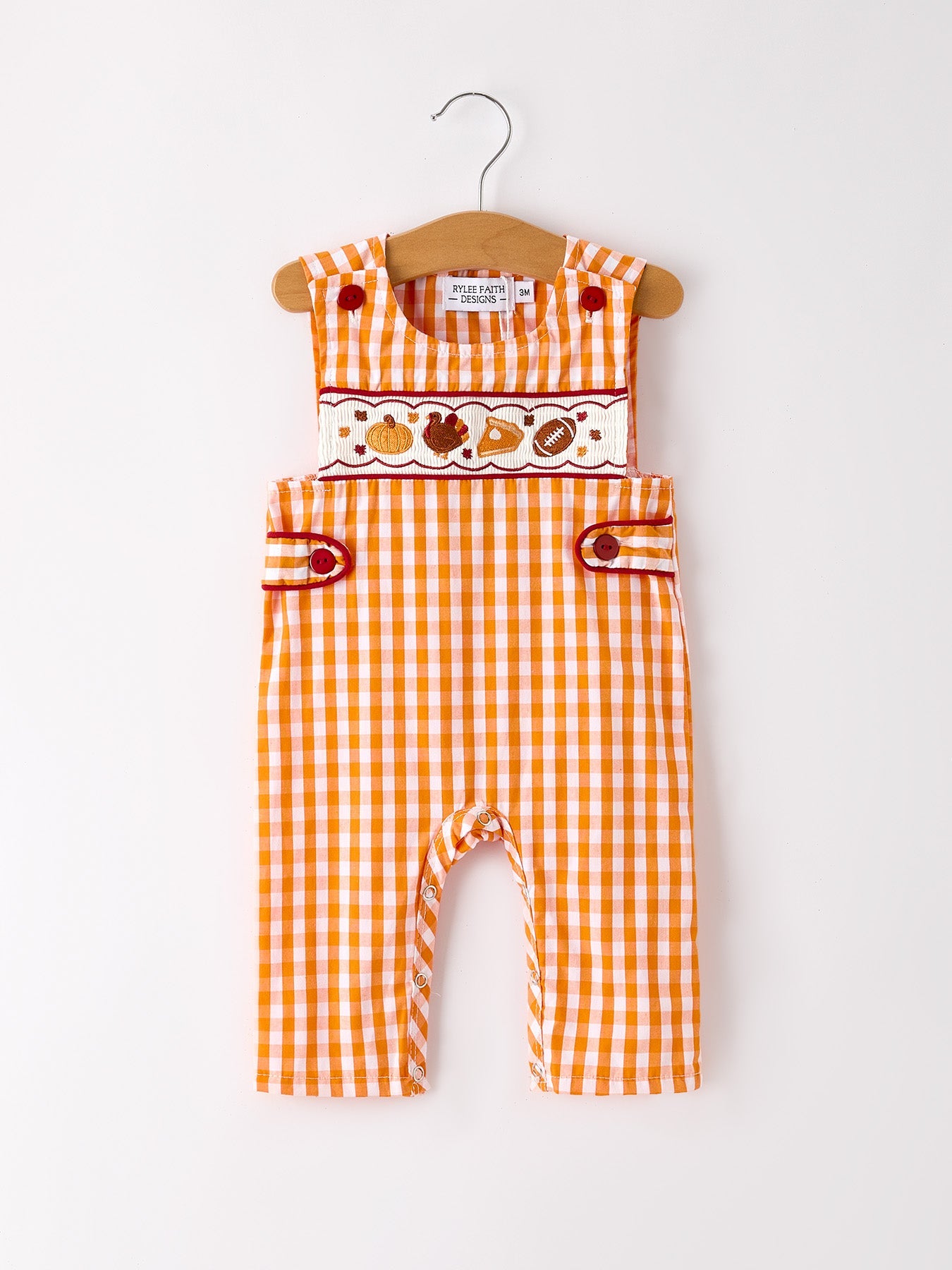 Fall Turkey Embroidered Romper for Baby Boys – Orange Checkered with Thanksgiving Details