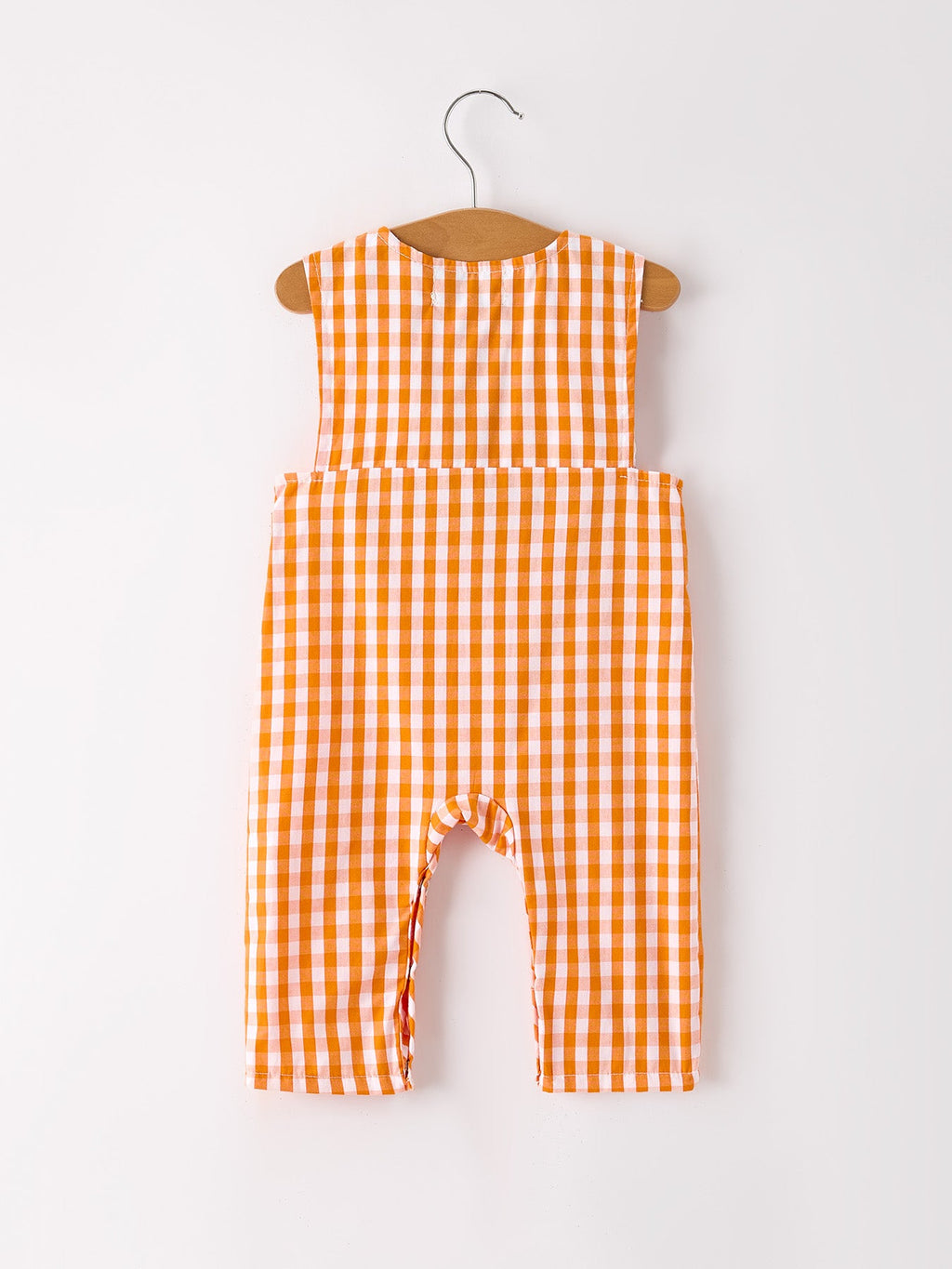 Fall Turkey Embroidered Romper for Baby Boys – Orange Checkered with Thanksgiving Details