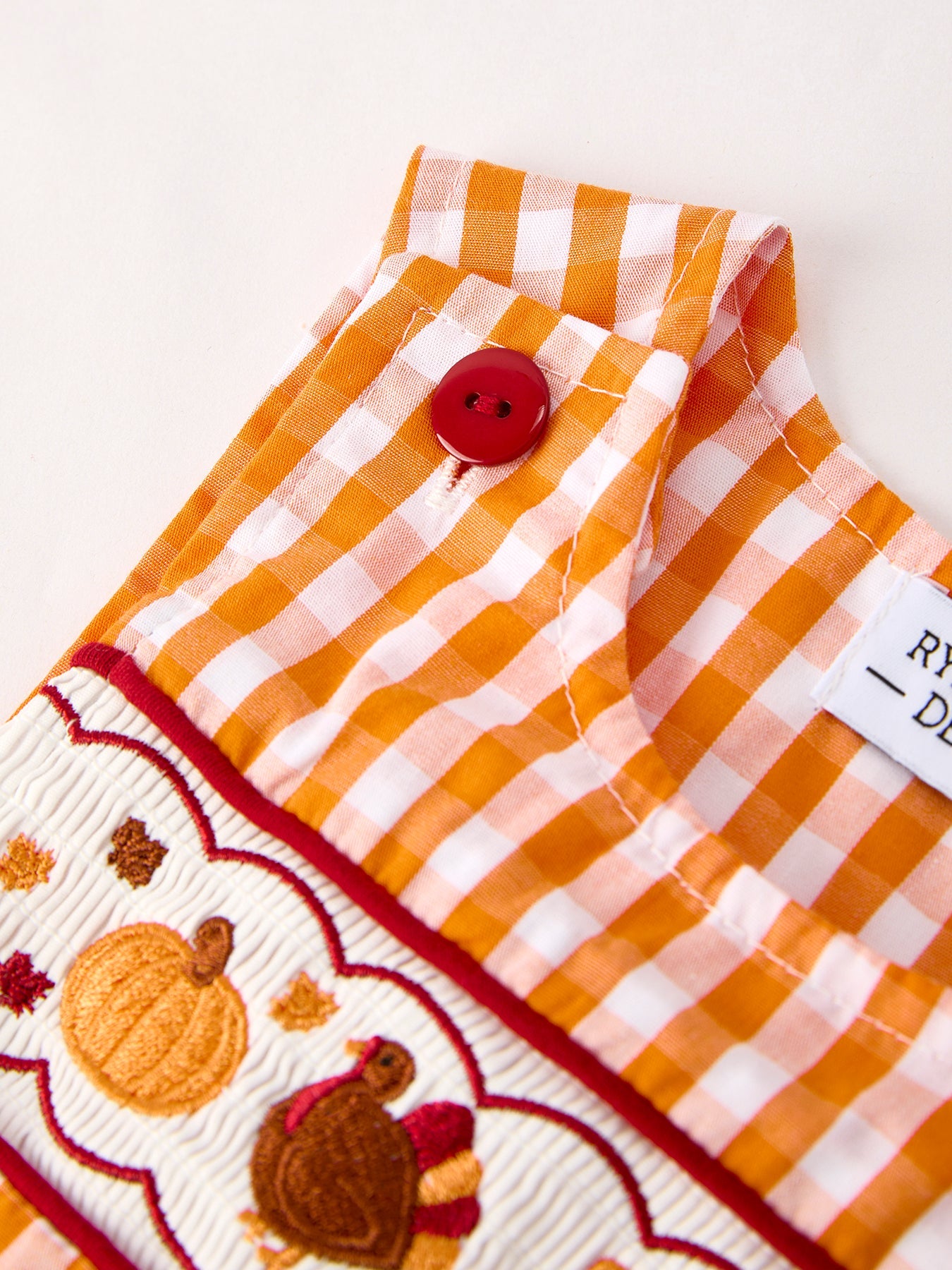 Fall Turkey Embroidered Romper for Baby Boys – Orange Checkered with Thanksgiving Details