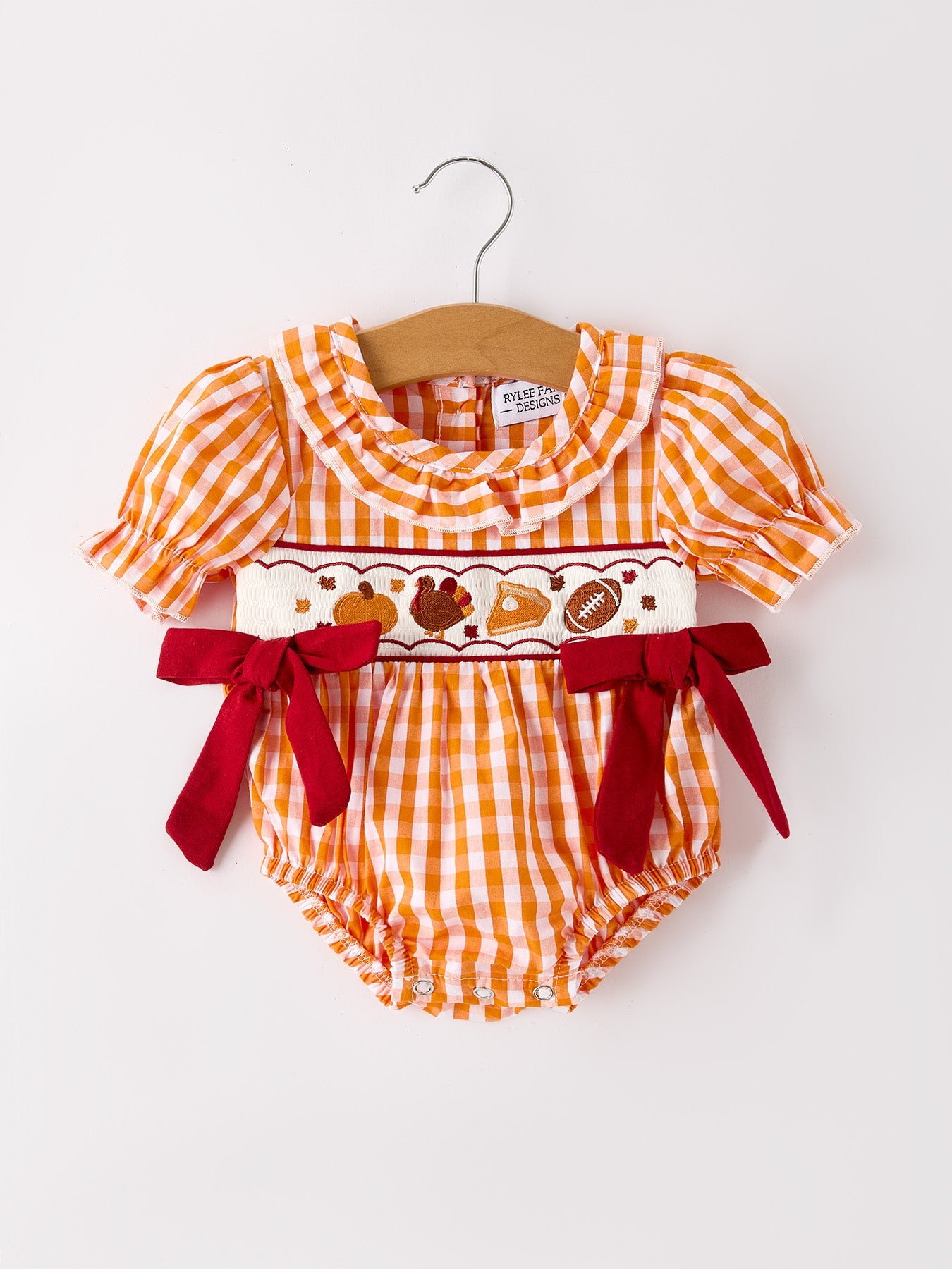 Turkey Fall Embroidered Romper for Baby Girls – Orange Checkered with Thanksgiving Details