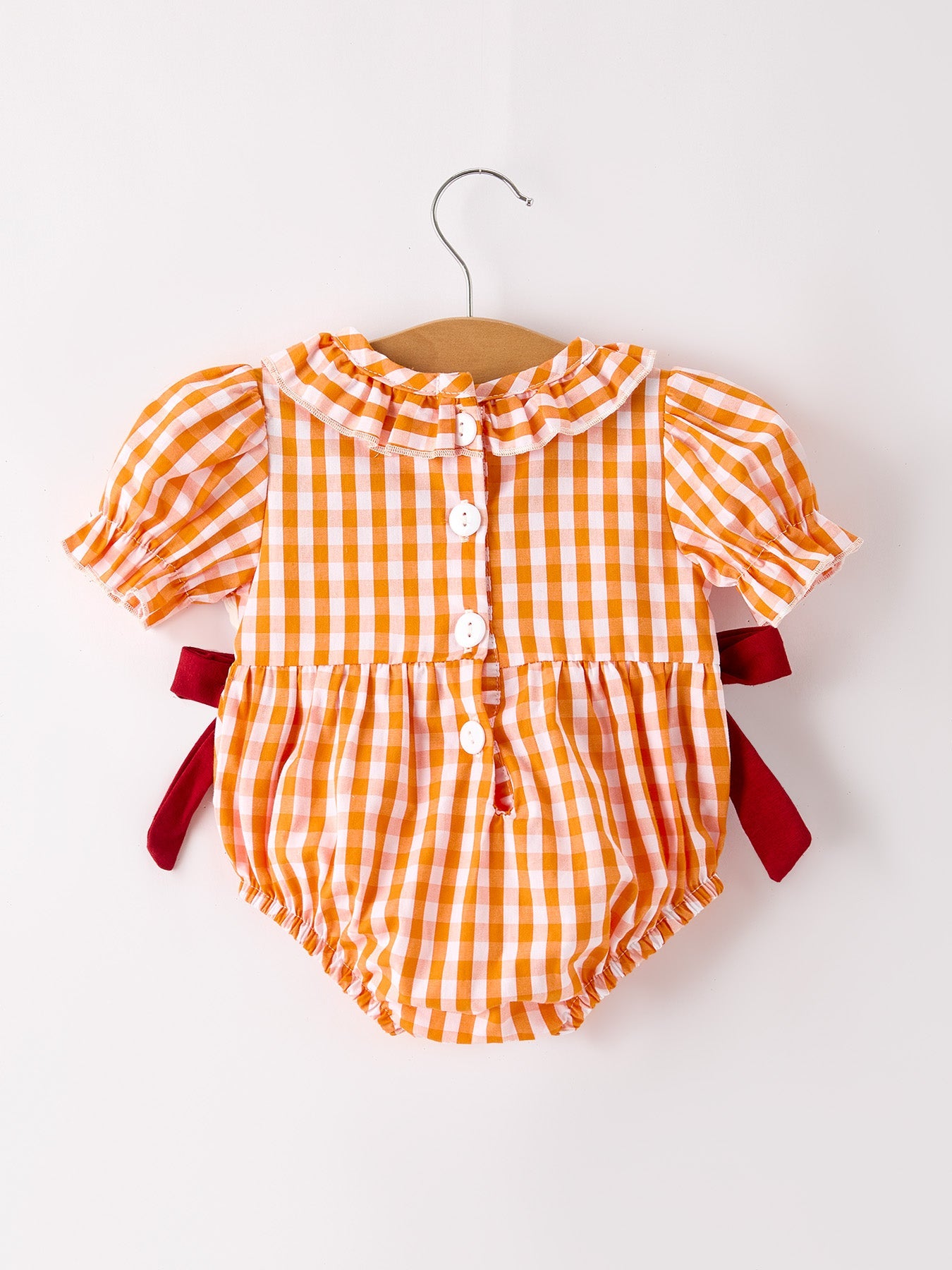 Turkey Fall Embroidered Romper for Baby Girls – Orange Checkered with Thanksgiving Details
