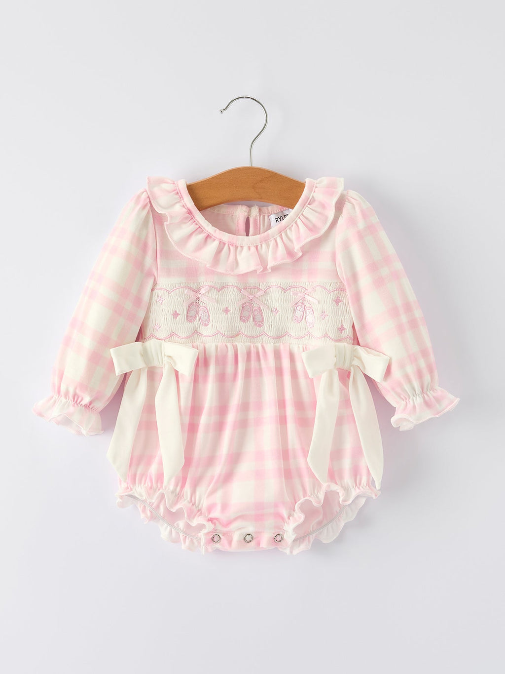 Pink Plaid Ruffle Ballet Shoe Embroidery Long Sleeve Romper