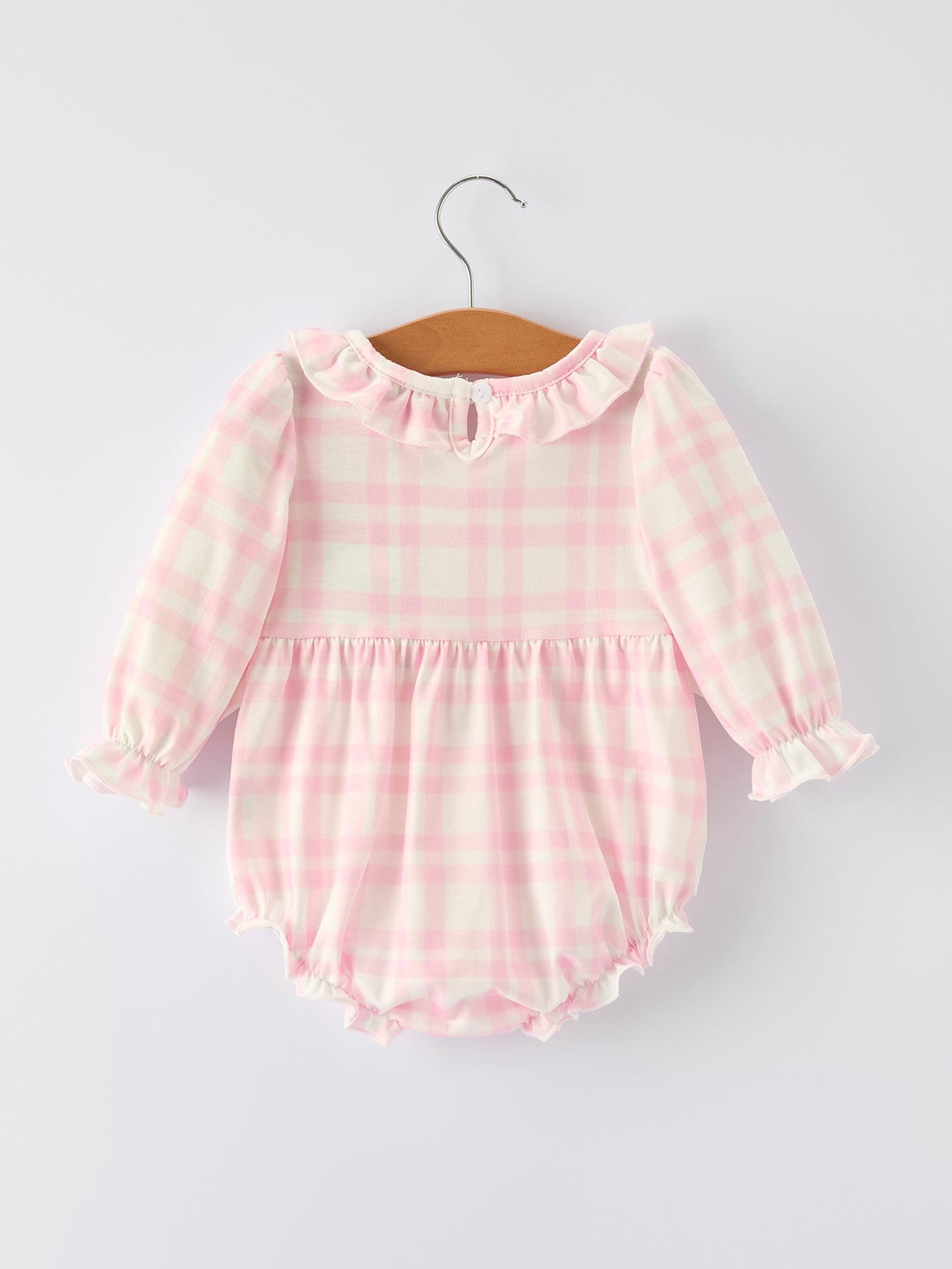 Pink Plaid Ruffle Ballet Shoe Embroidery Long Sleeve Romper