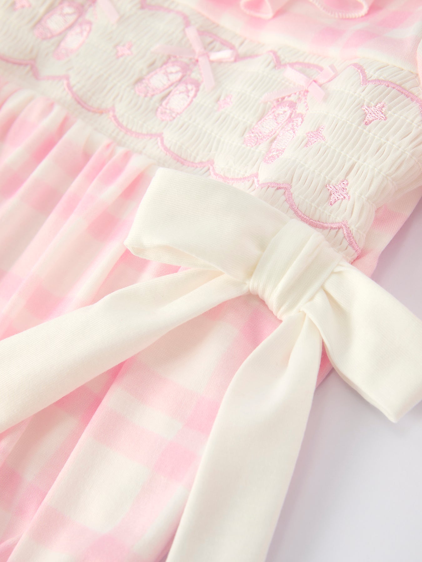 Pink Plaid Ruffle Ballet Shoe Embroidery Long Sleeve Romper