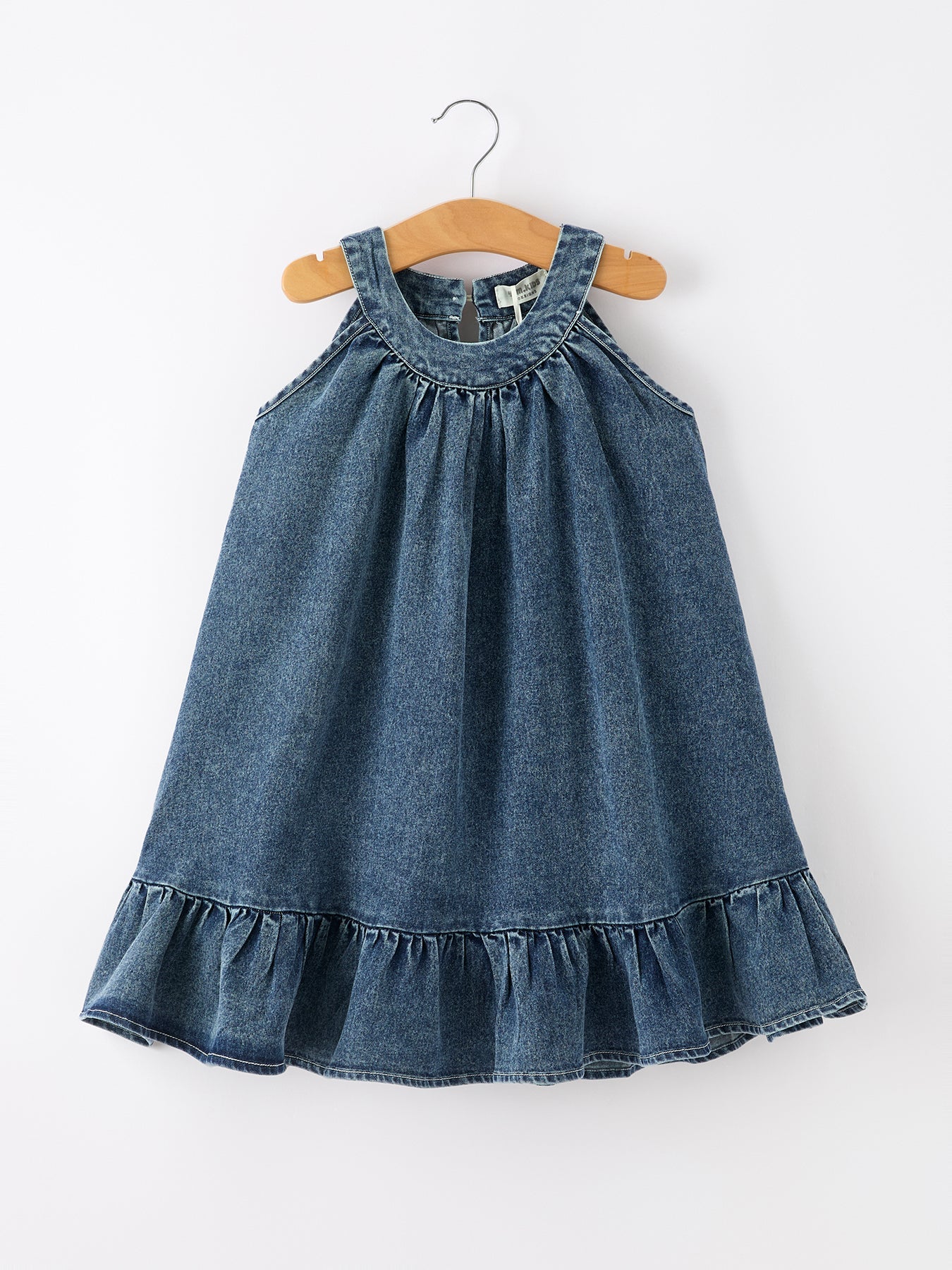 Girls Denim Ruffle Trim A-Line Dress