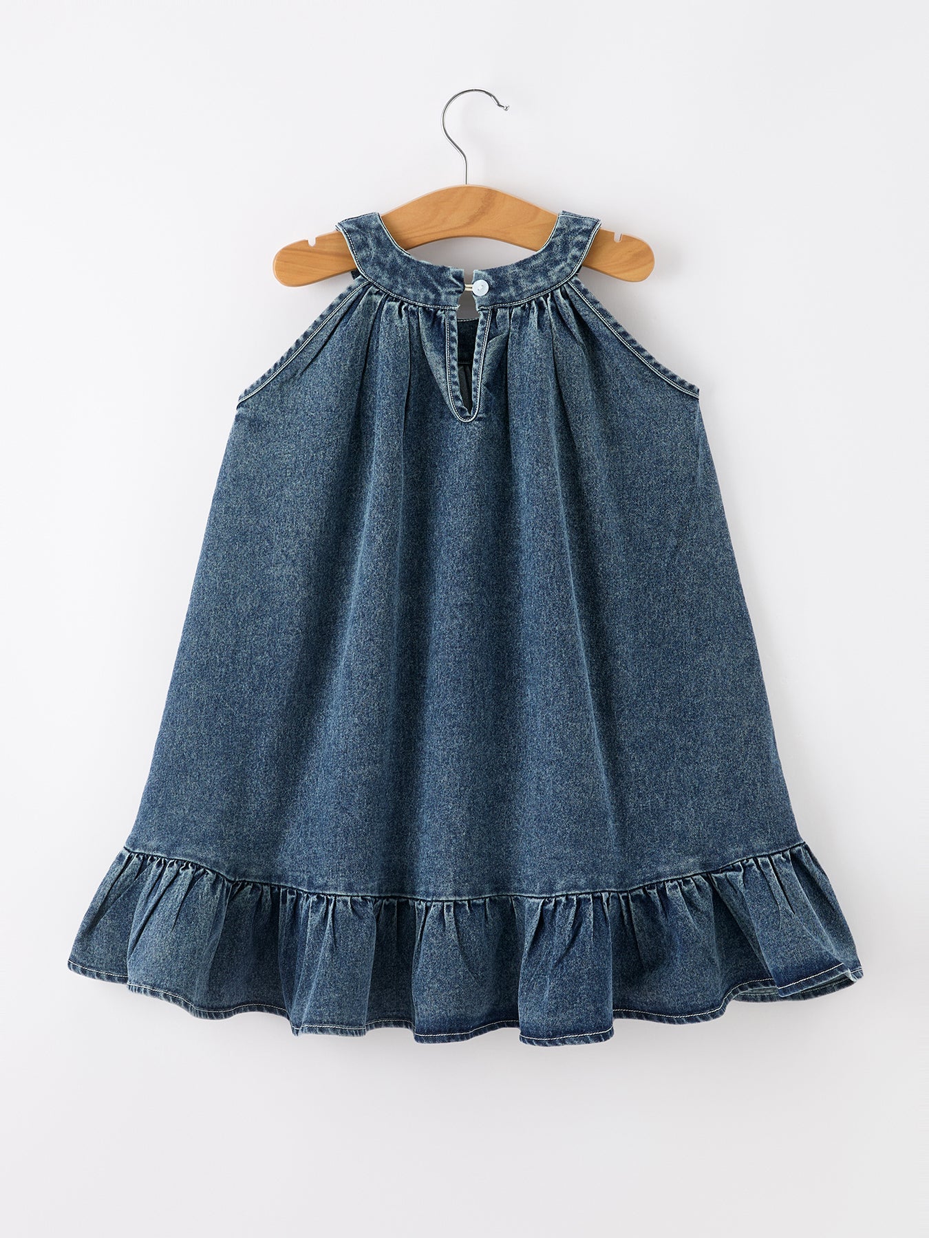 Girls Denim Ruffle Trim A-Line Dress