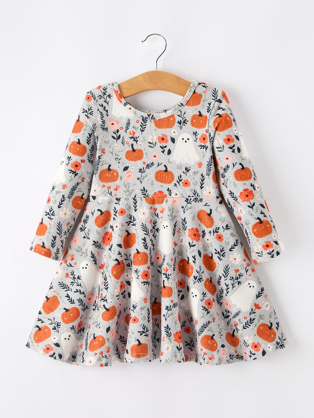 Halloween Pumpkin Ghost Girls Dress Long Sleeve Twirl Dress