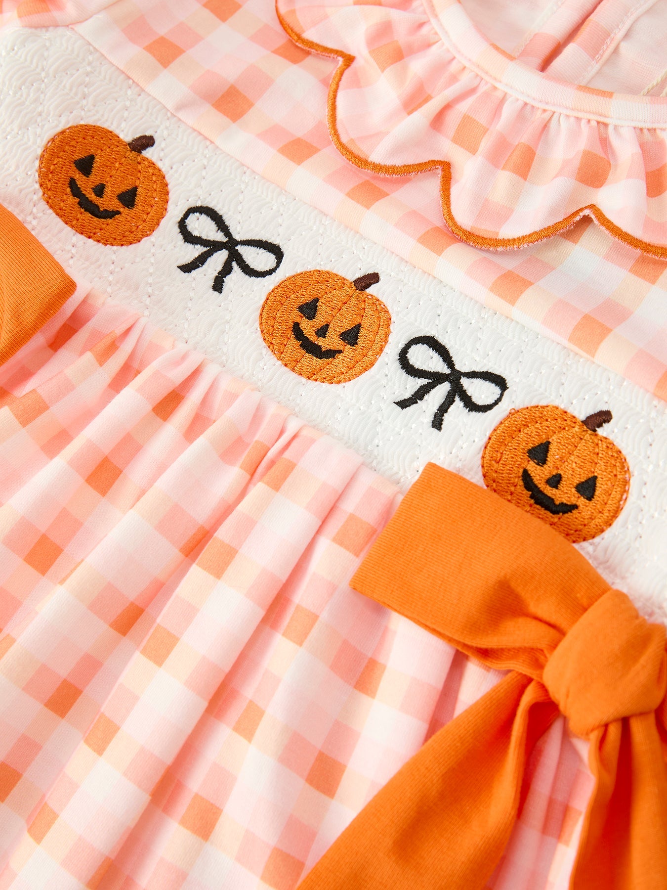 Halloween Pumpkin Plaid Bow Girls Dress