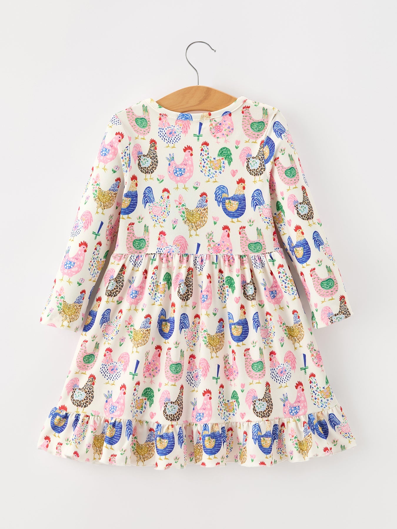 Fall Farm Chicken Print Girls Ruffle Hem Twirl Dress