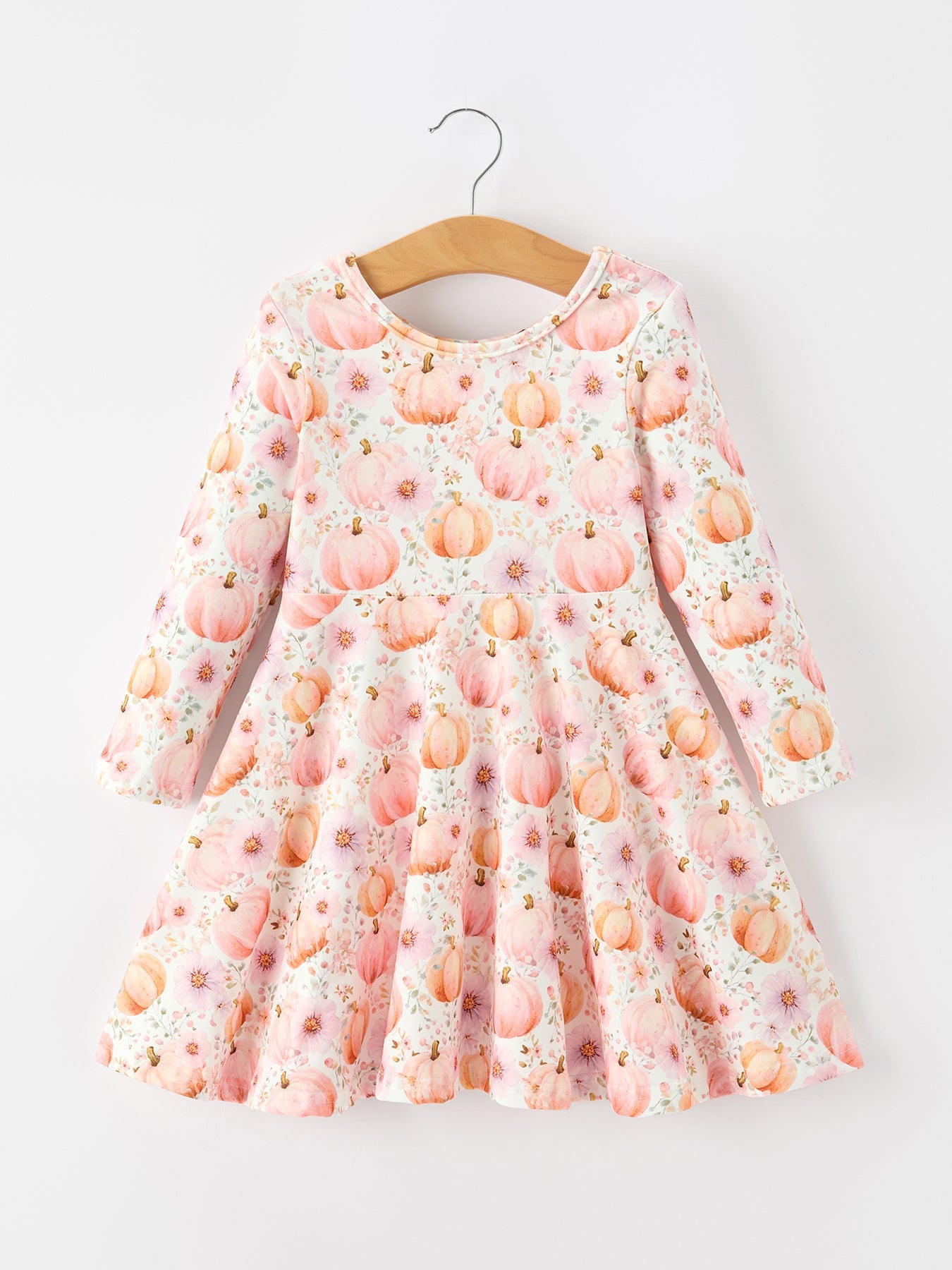 Fall Pink Pumpkin Girls Long Sleeve Twirl Dress