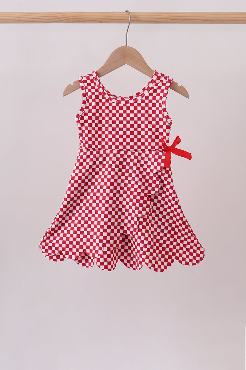 Red checkered bow active dress