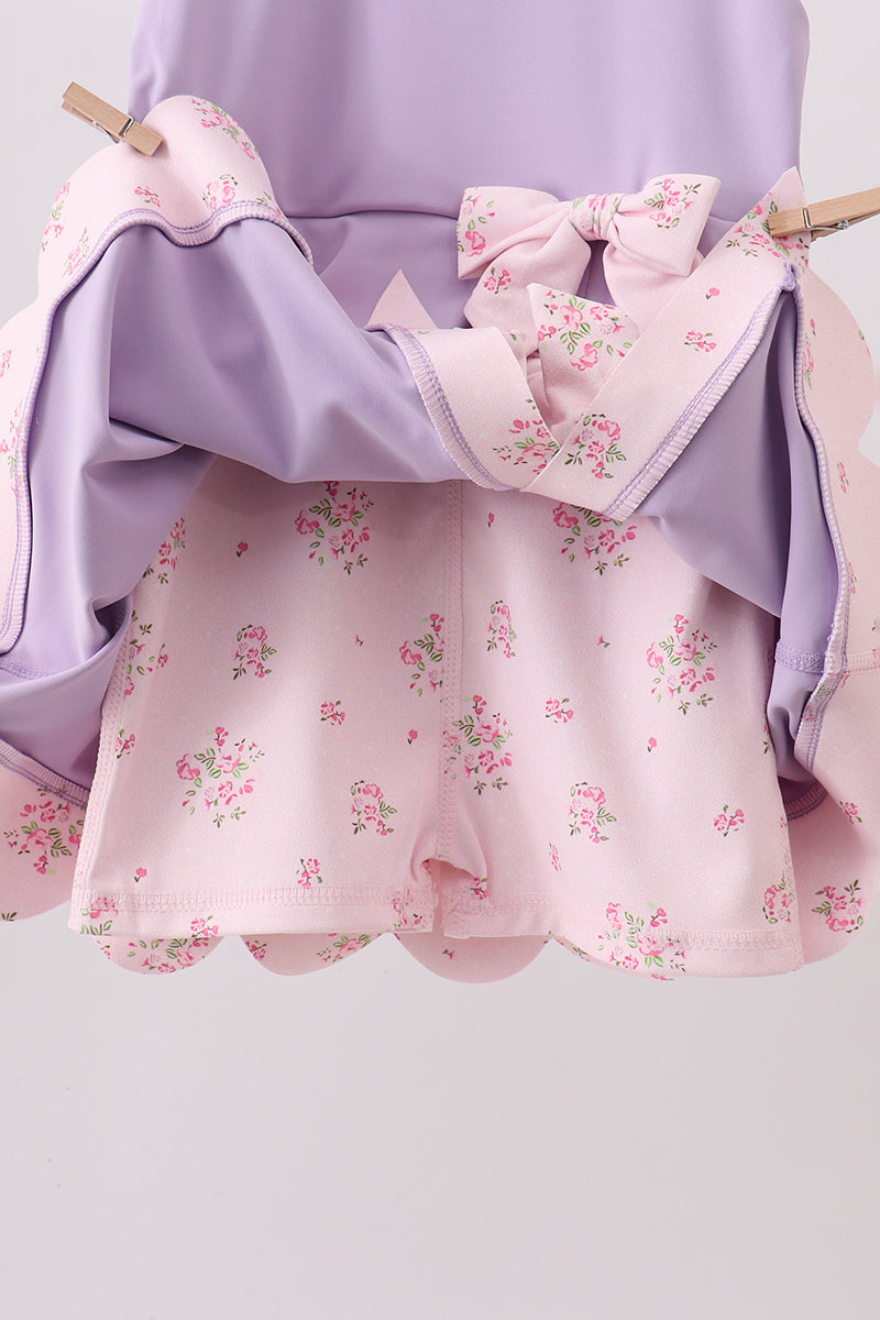 Purple scalloped bow active dress