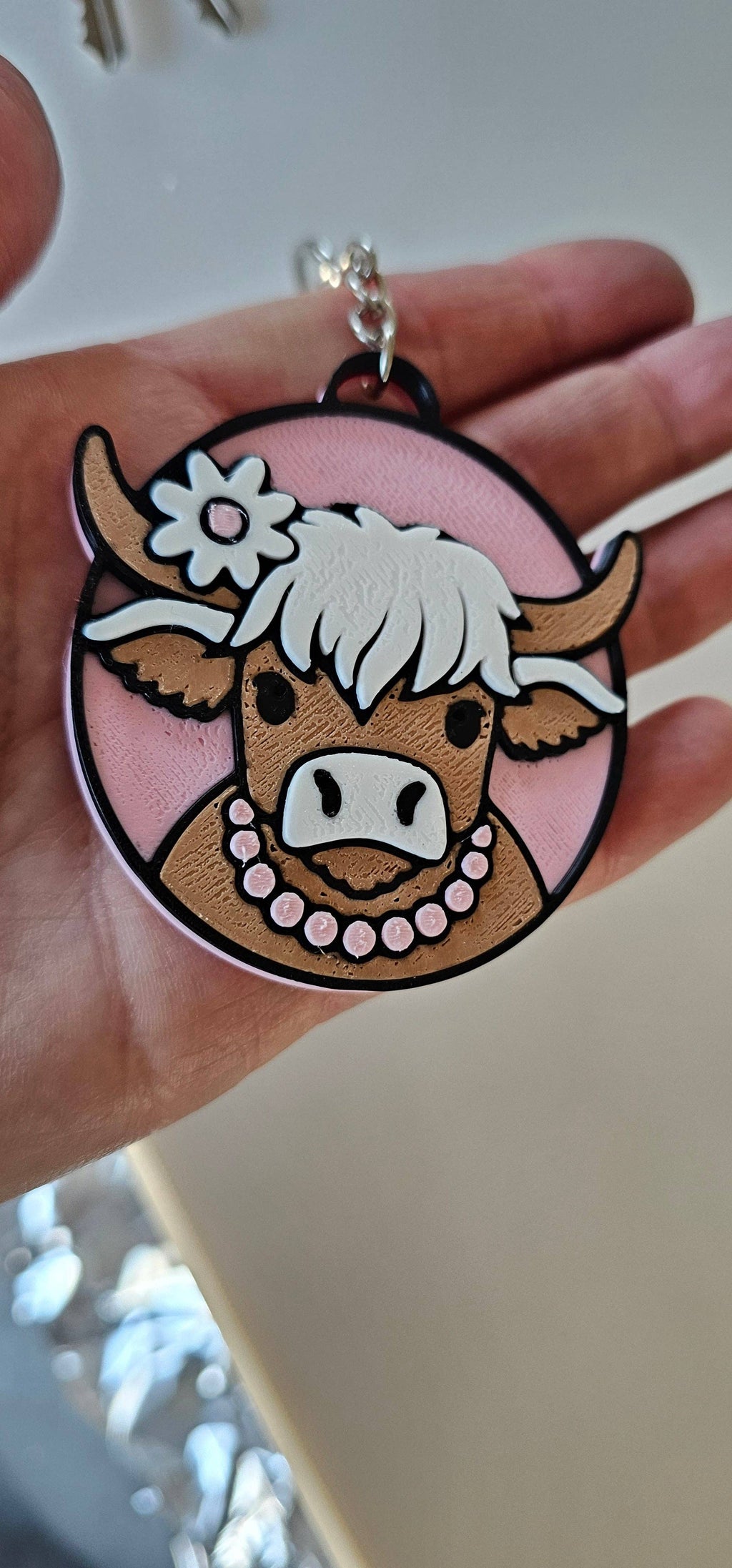 3D PRINTED COWGIRL HIGHLAND COW KEYCHAIN