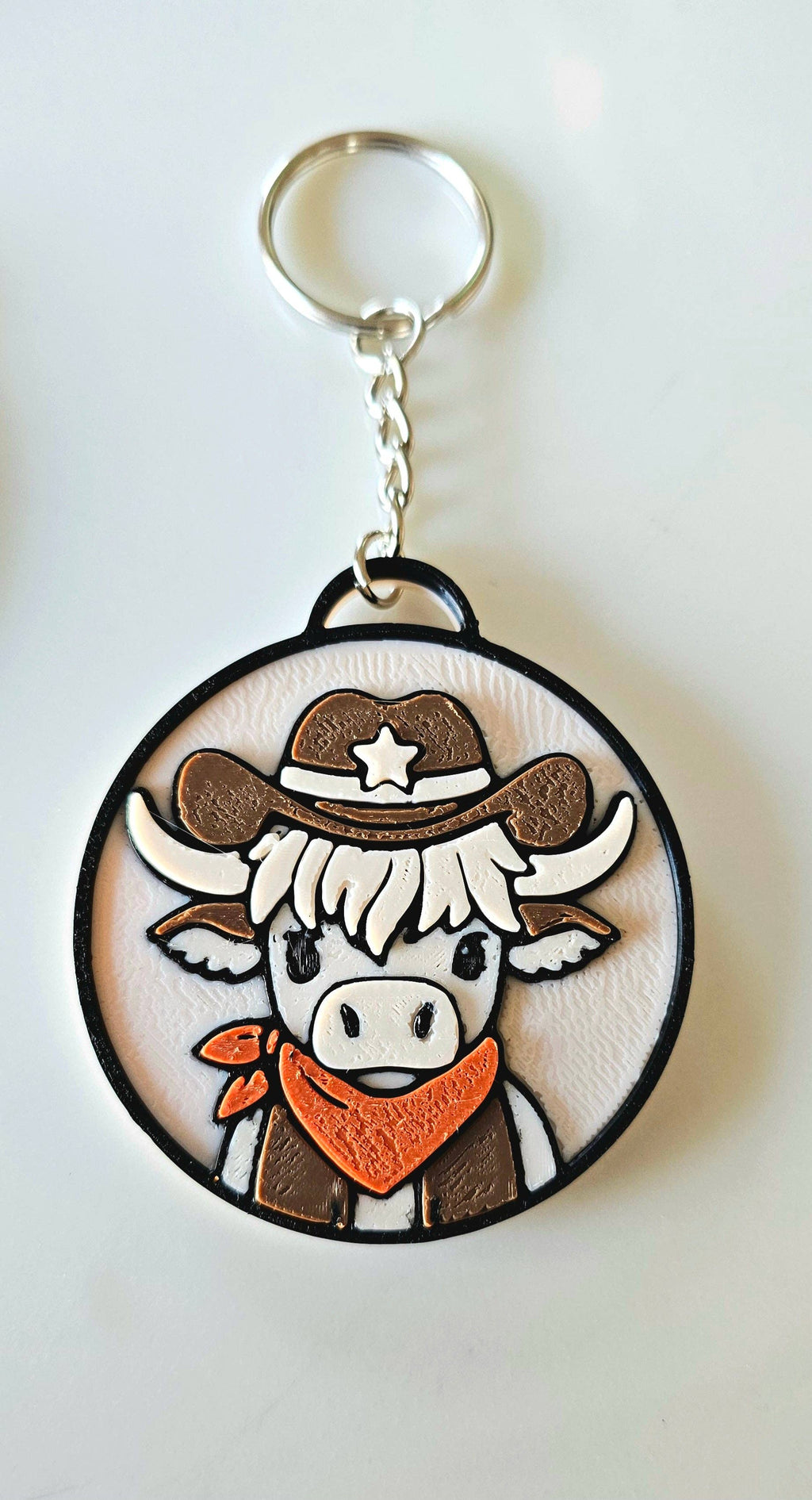 3D PRINTED COWGIRL HIGHLAND COW KEYCHAIN