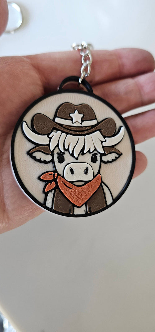 3D PRINTED COWGIRL HIGHLAND COW KEYCHAIN