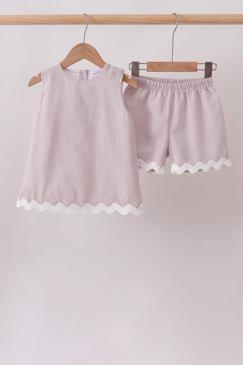 Khaki Seersucker Stripe Scalloped Shorts Set