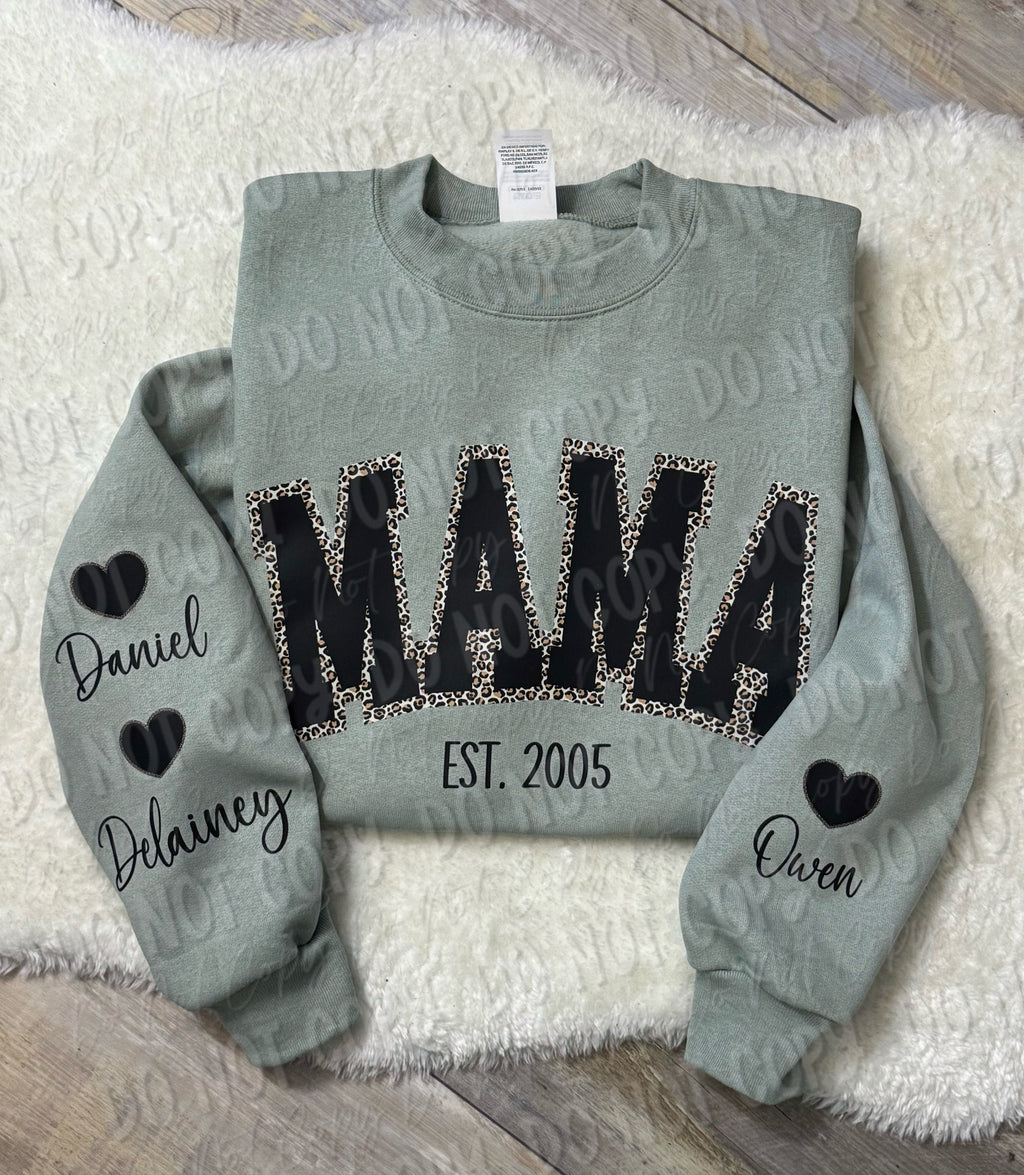 Leopard Mama Varsity With Names | Sweatshirt