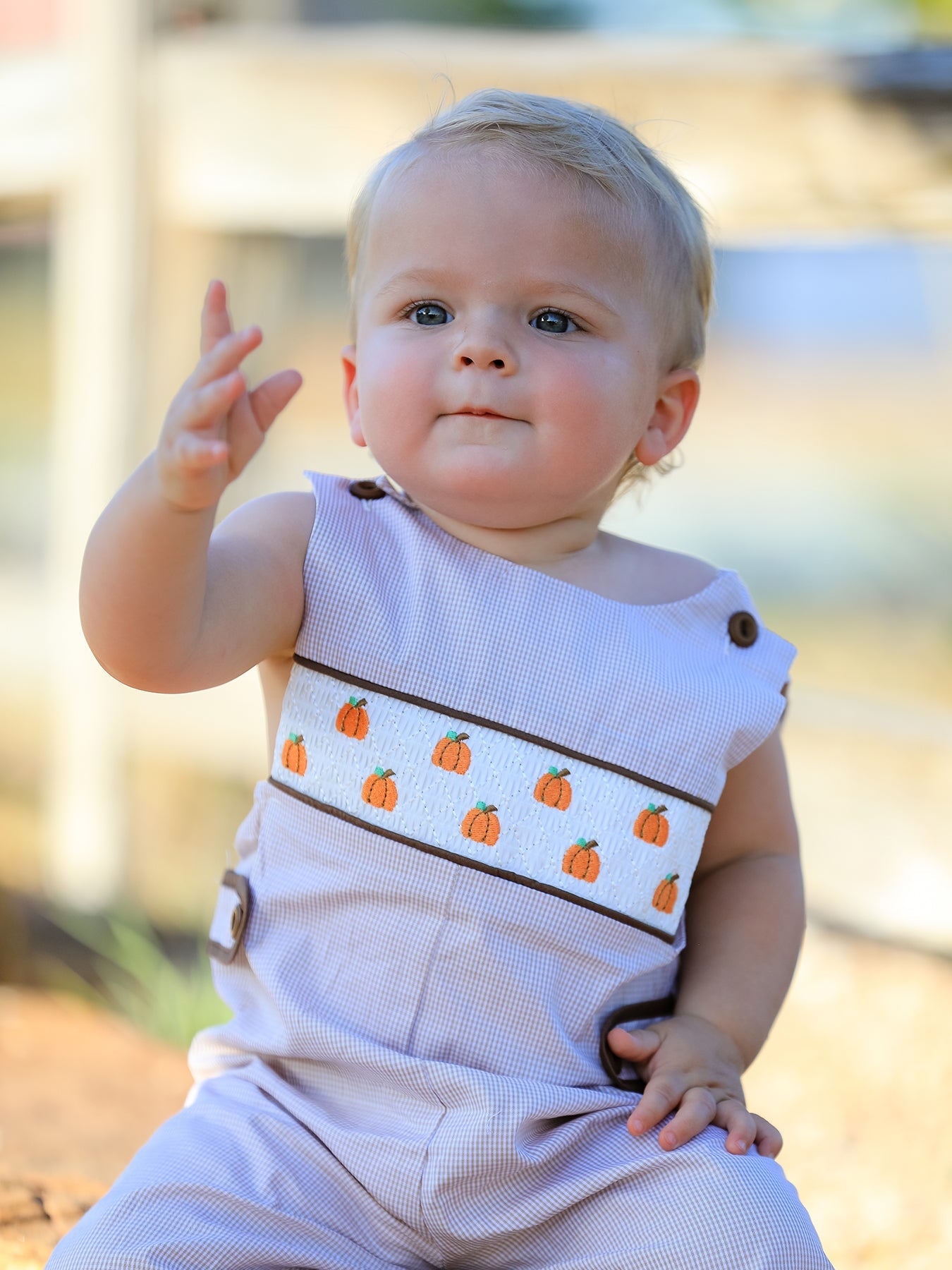 Fall Halloween & Thanksgiving  Pumpkin Smock Embroidered Boys Romper