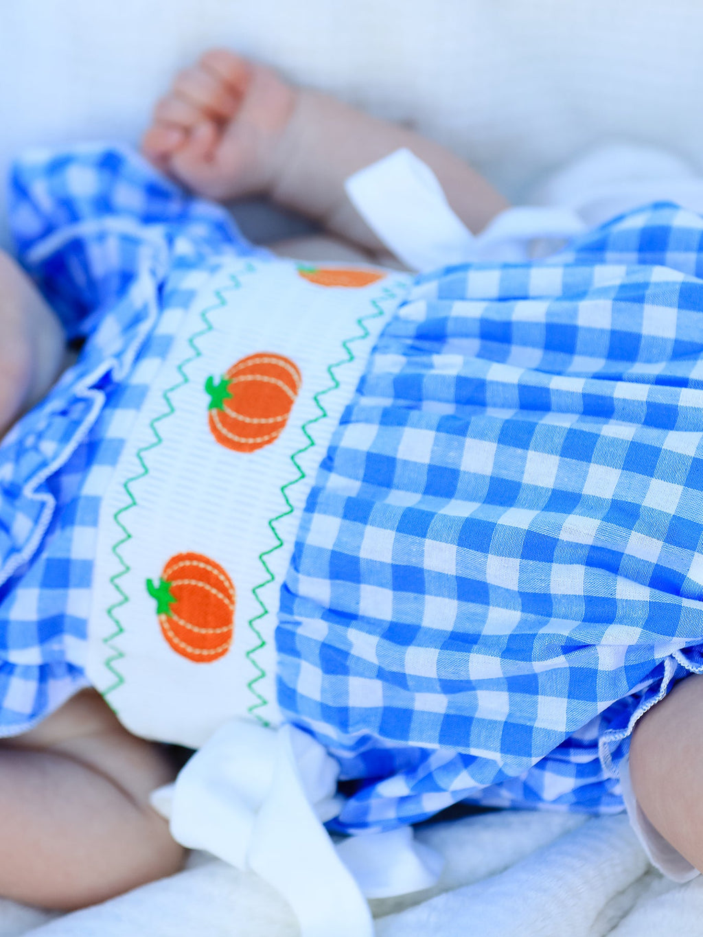 Fall Thanksgiving& Halloween Blue Pumpkin Smock Embroidery Baby Girl Romper