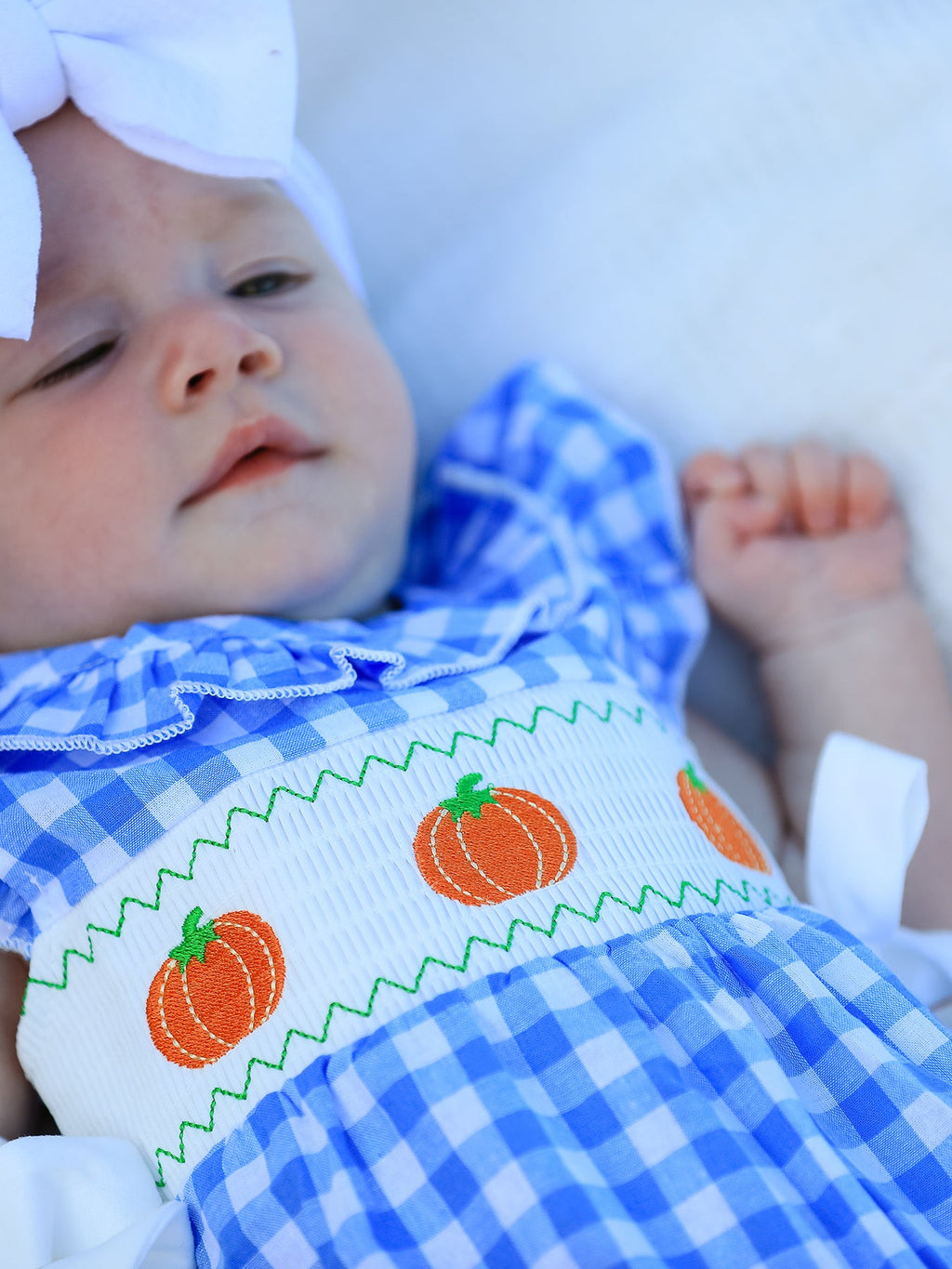 Fall Thanksgiving& Halloween Blue Pumpkin Smock Embroidery Baby Girl Romper