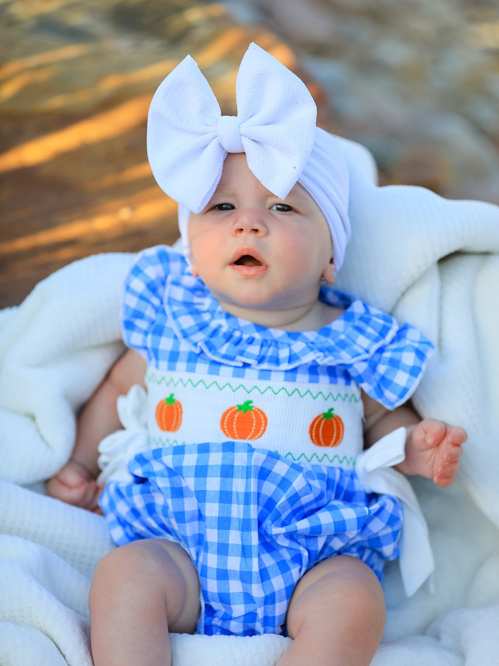 Fall Thanksgiving& Halloween Blue Pumpkin Smock Embroidery Baby Girl Romper