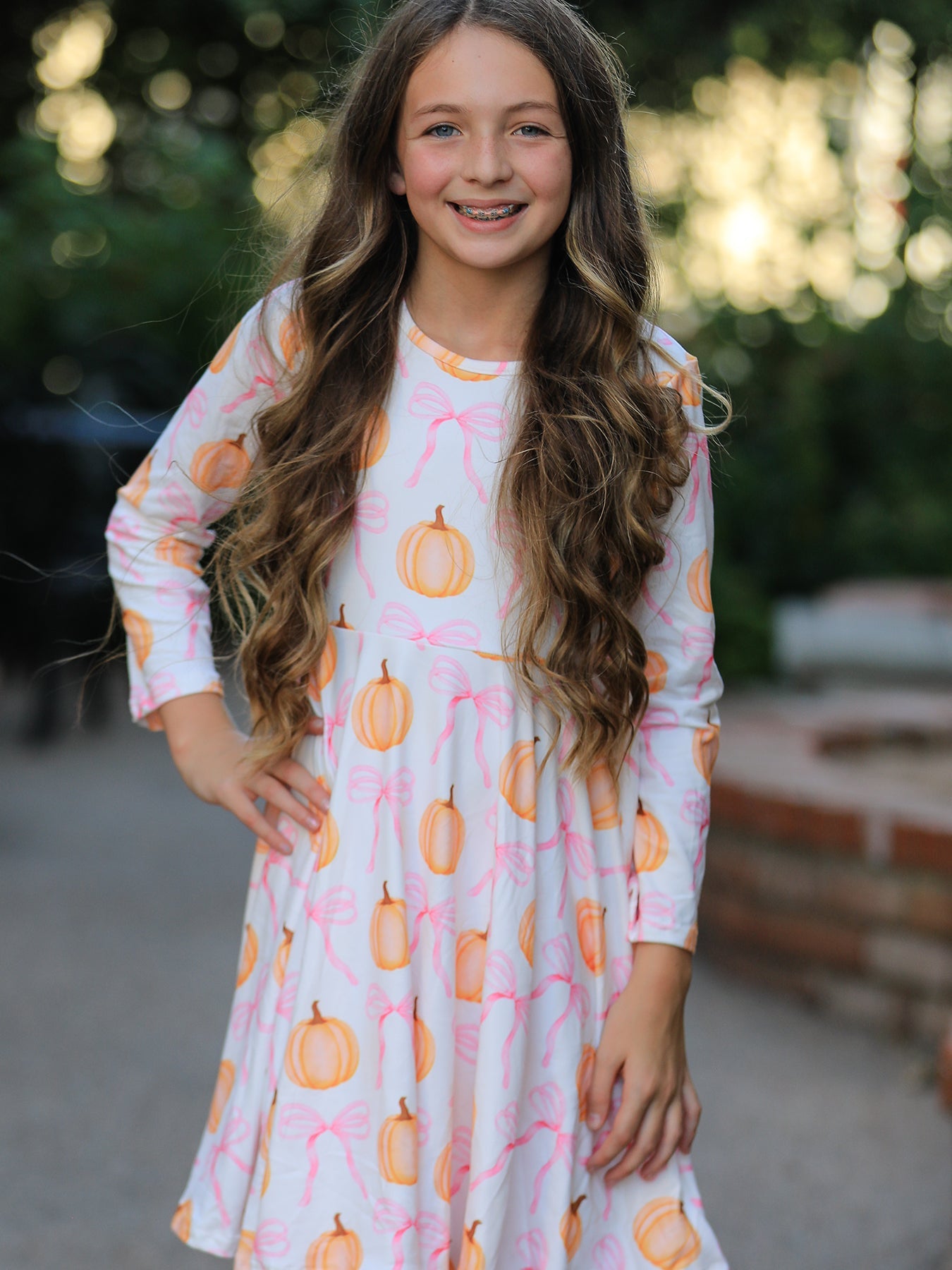 Fall Halloween & Thanksgiving Pumpkin Bow Print Long Sleeve Dress