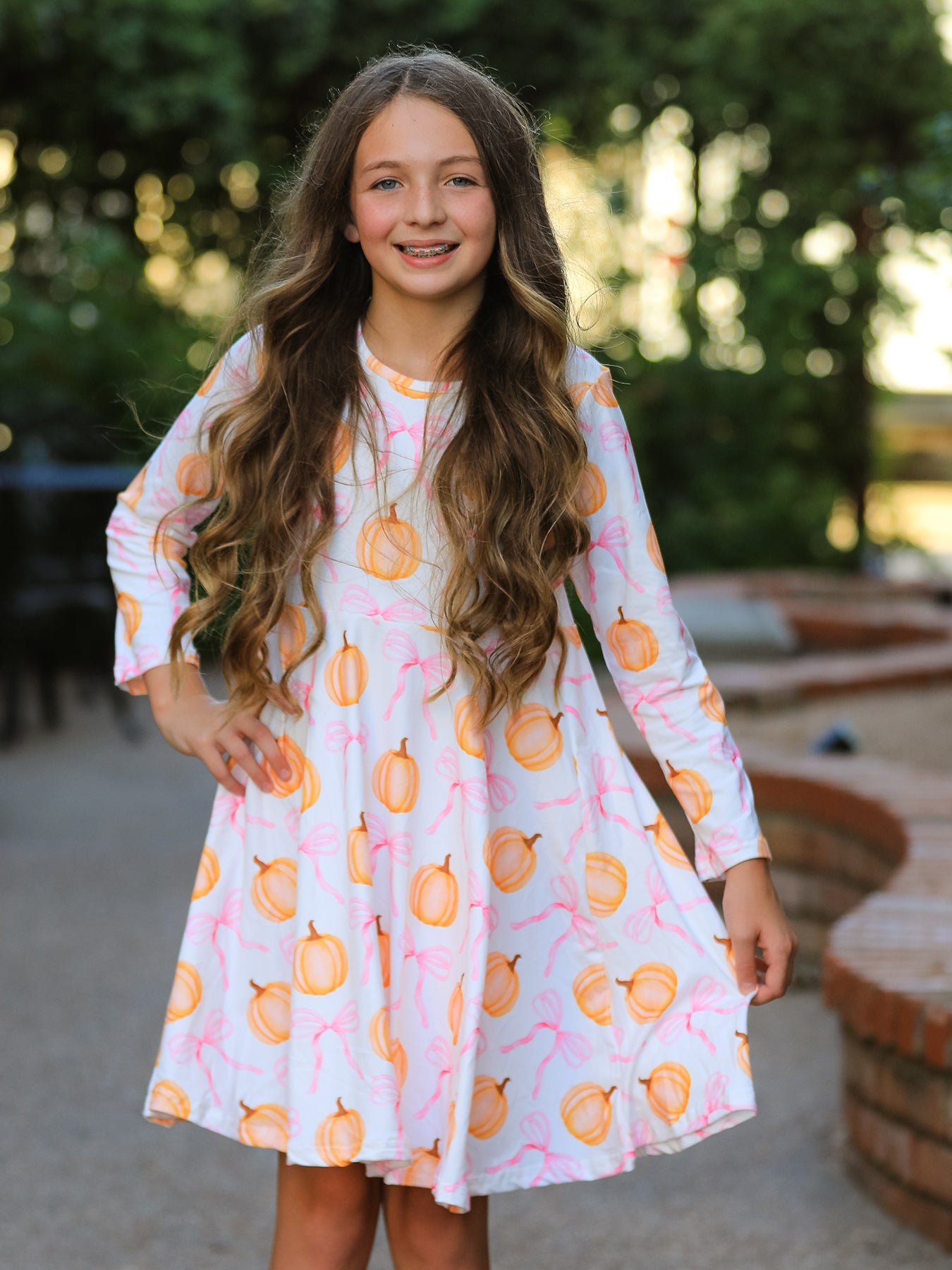 Fall Halloween & Thanksgiving Pumpkin Bow Print Long Sleeve Dress