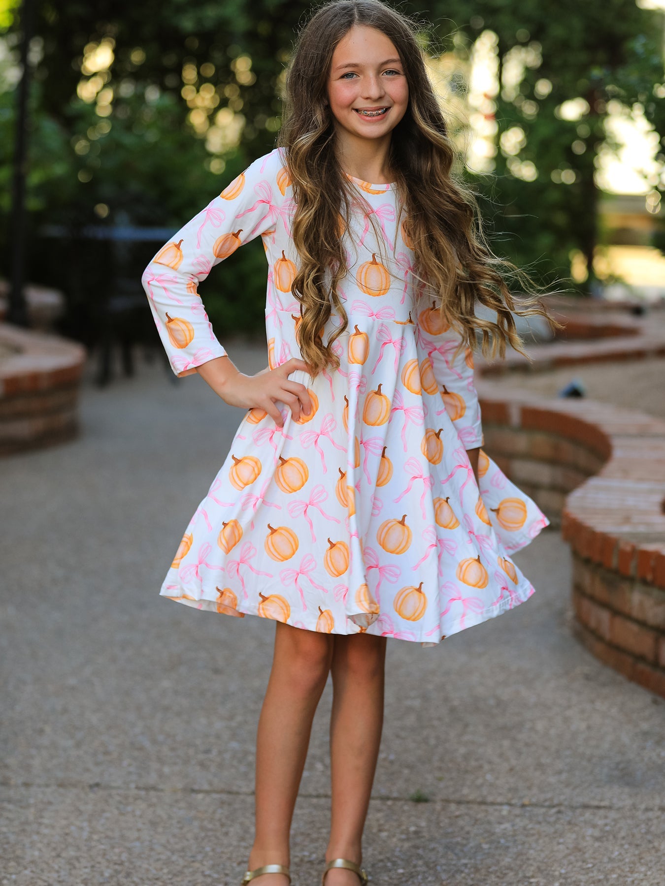 Fall Halloween & Thanksgiving Pumpkin Bow Print Long Sleeve Dress