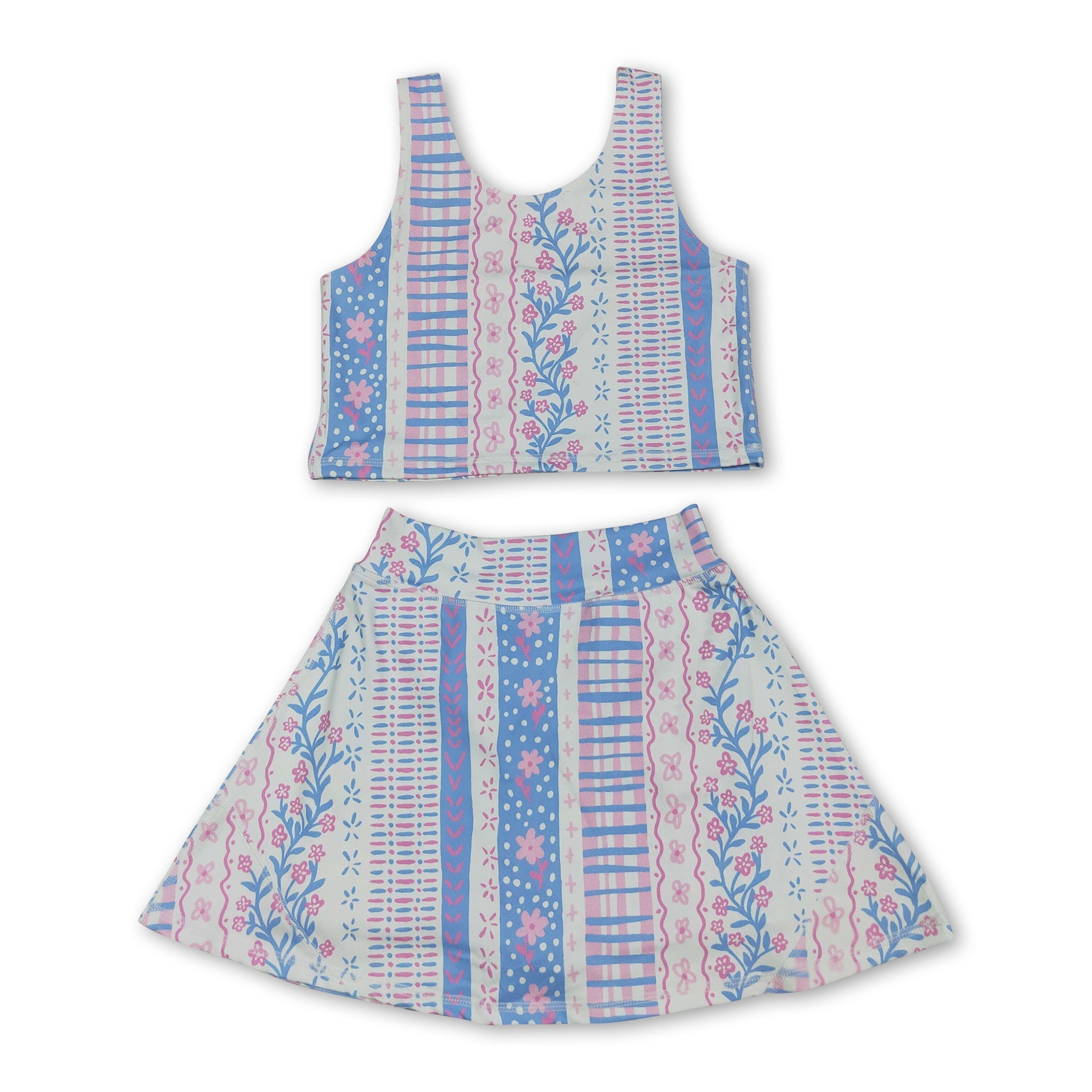 Sleeveless pink blue floral top skirt girls activewear set
