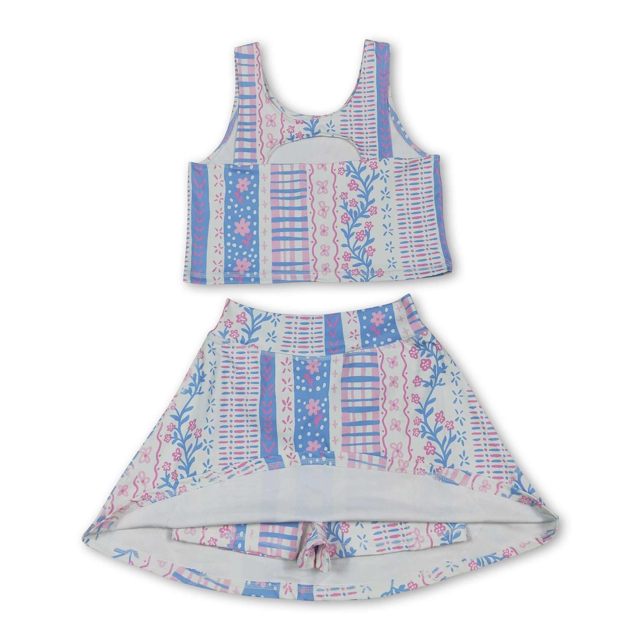 Sleeveless pink blue floral top skirt girls activewear set