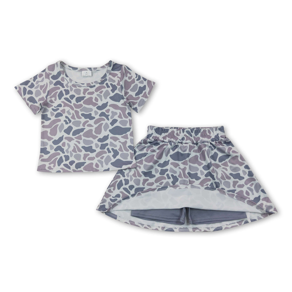 Grey camo short sleeves top skorts kids girls clothing set