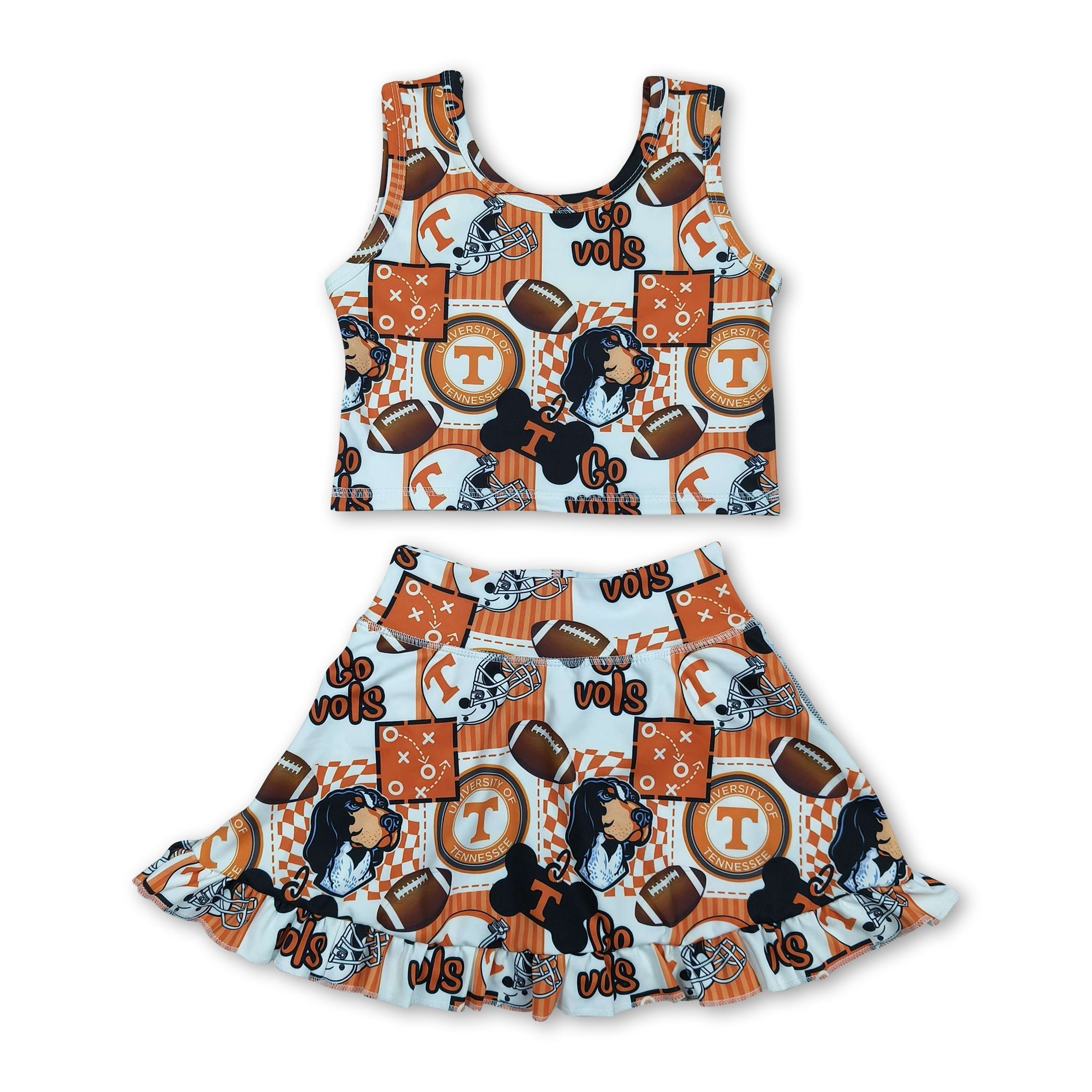 Sleeveless T dog football top skirt girls active wear set