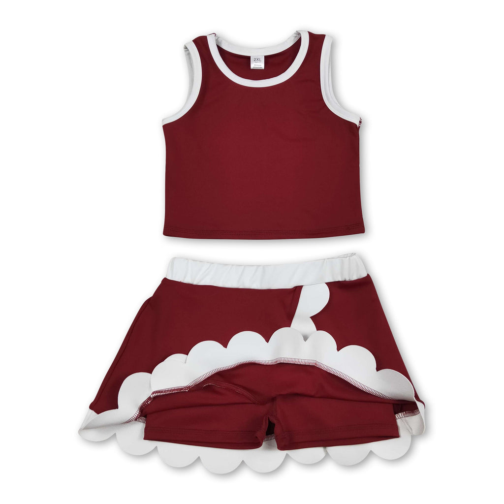 Sleeveless maroon white scallop girls team active wear set