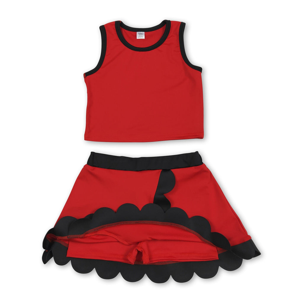 Sleeveless red black scallop girls team active wear set