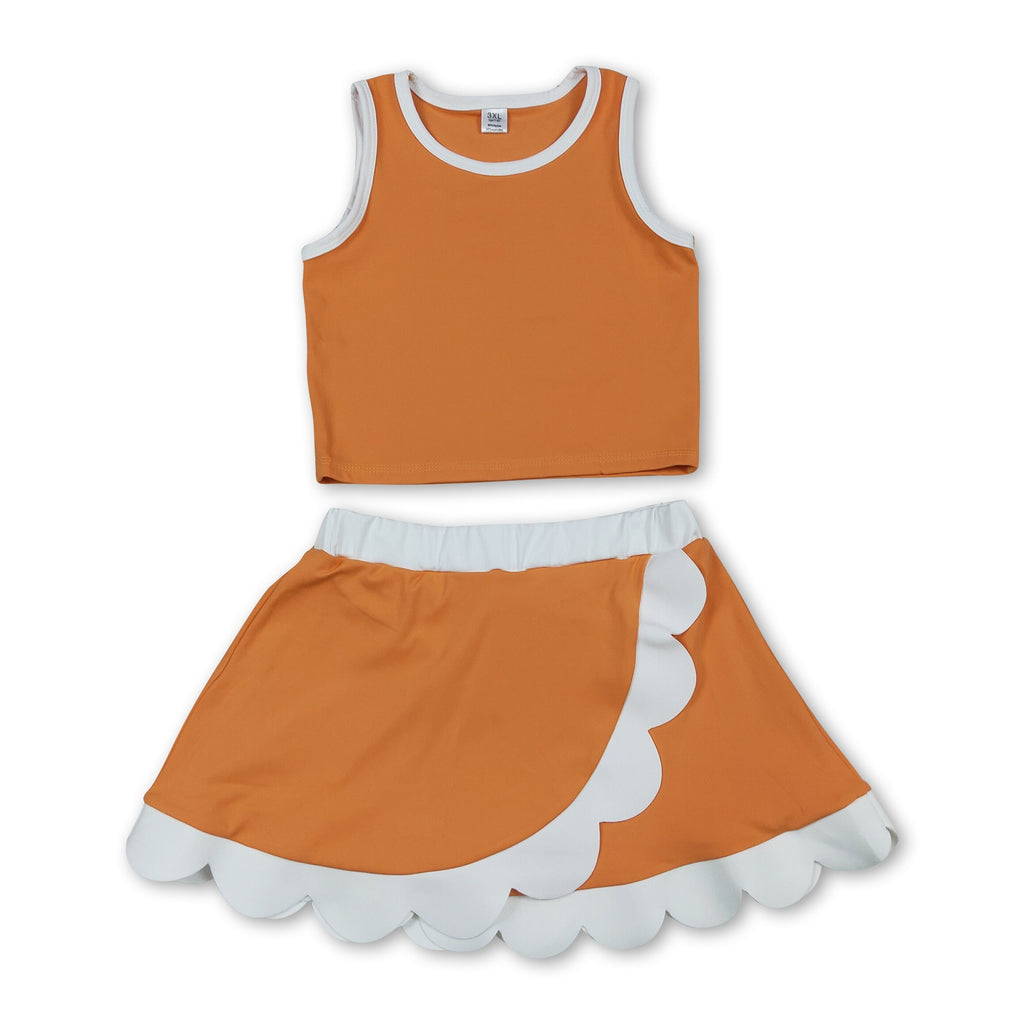 Sleeveless orange white scallop girls team active wear set