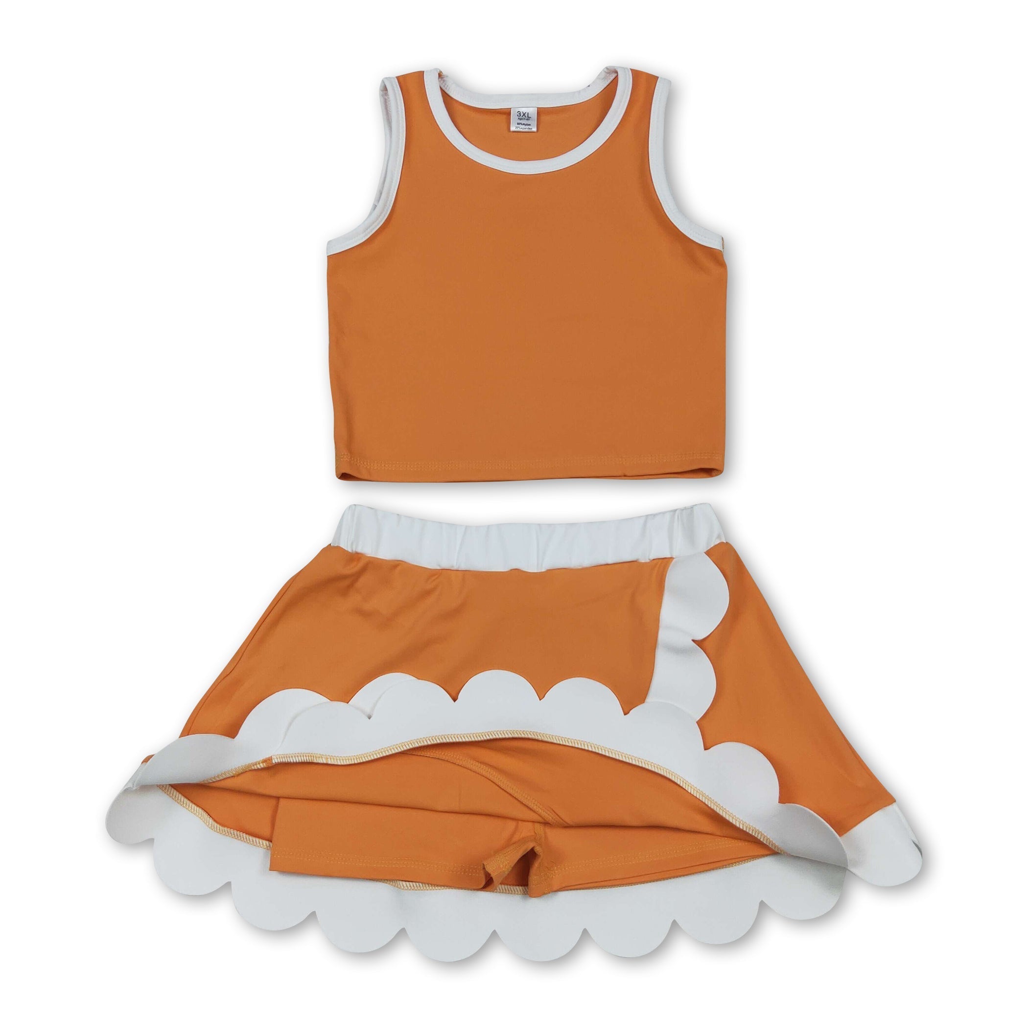 Sleeveless orange white scallop girls team active wear set