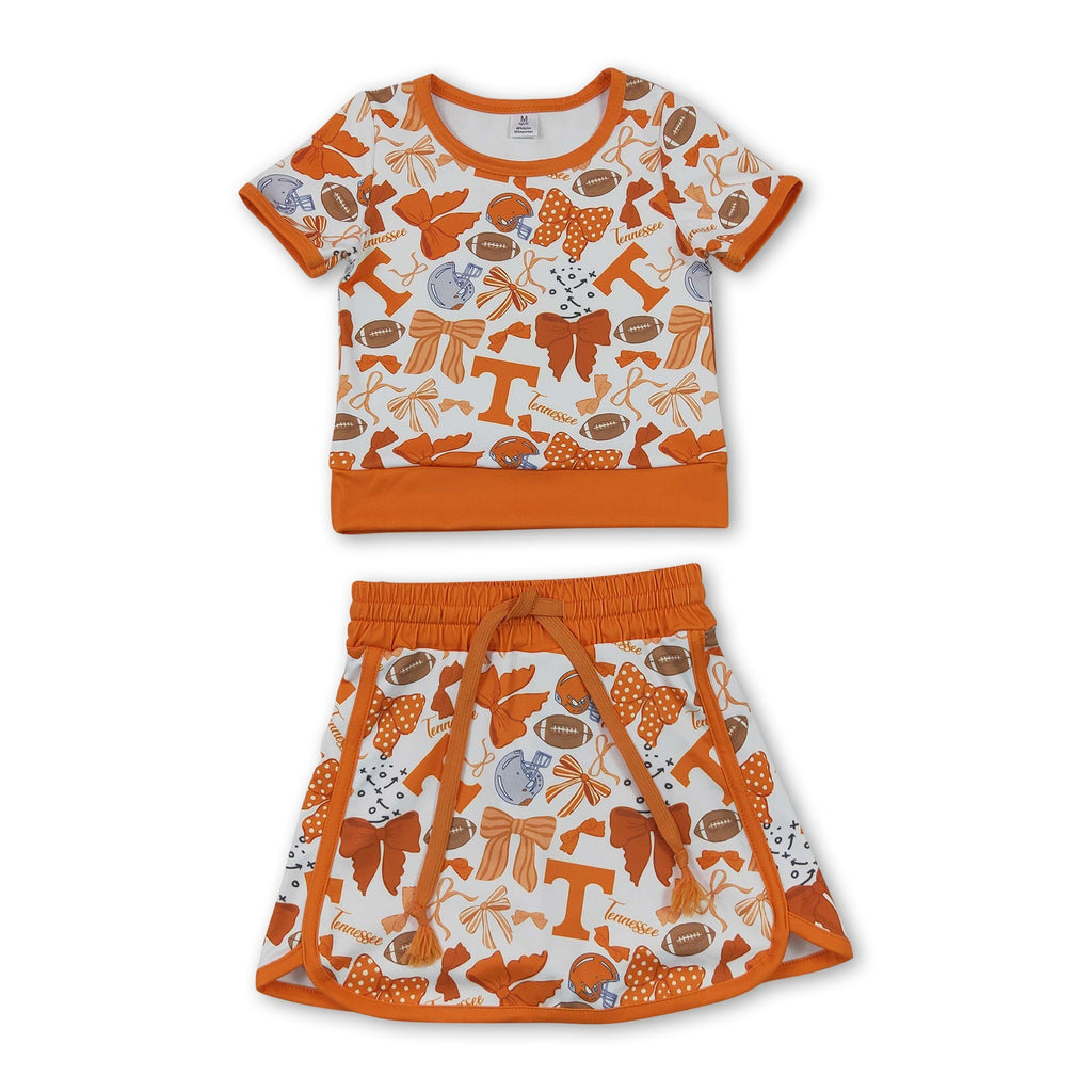 Short sleeves T football bow top skirt girls team active set
