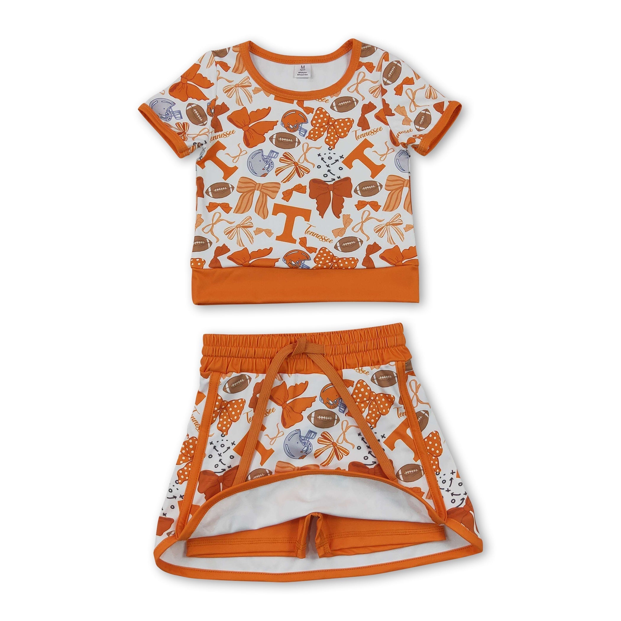 Short sleeves T football bow top skirt girls team active set
