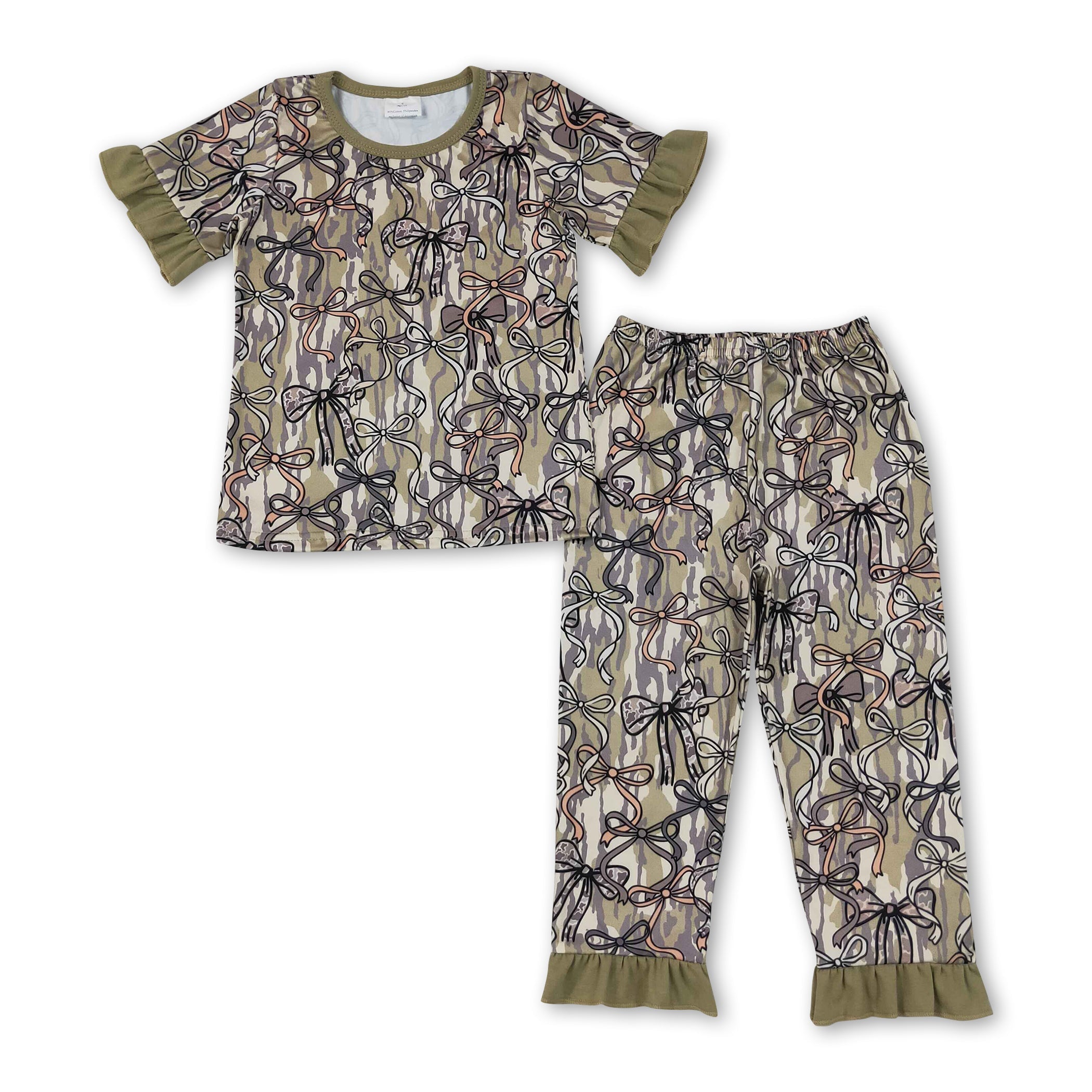 Short sleeves camo bow top pants girls pajamas set