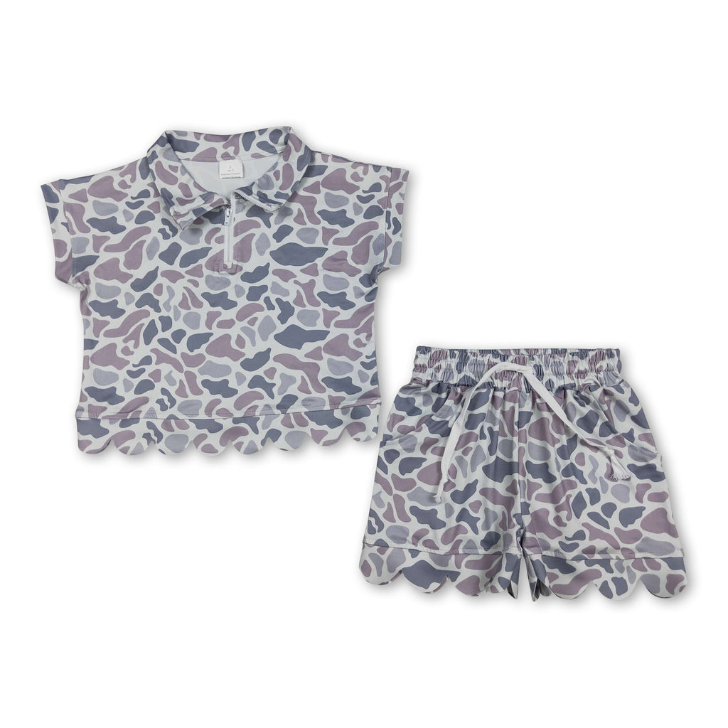 Short sleeves grey camo scallop pullover shorts girls outfits