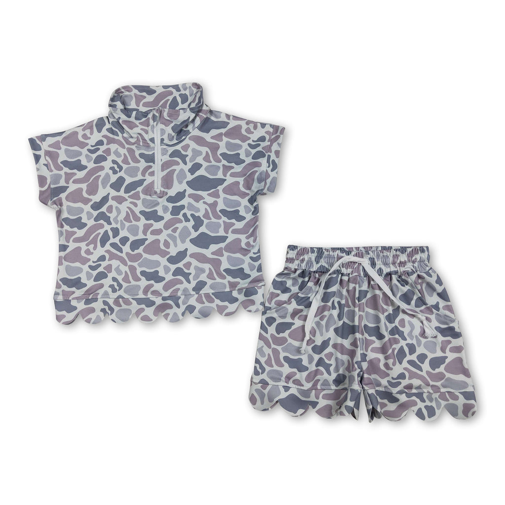Short sleeves grey camo scallop pullover shorts girls outfits