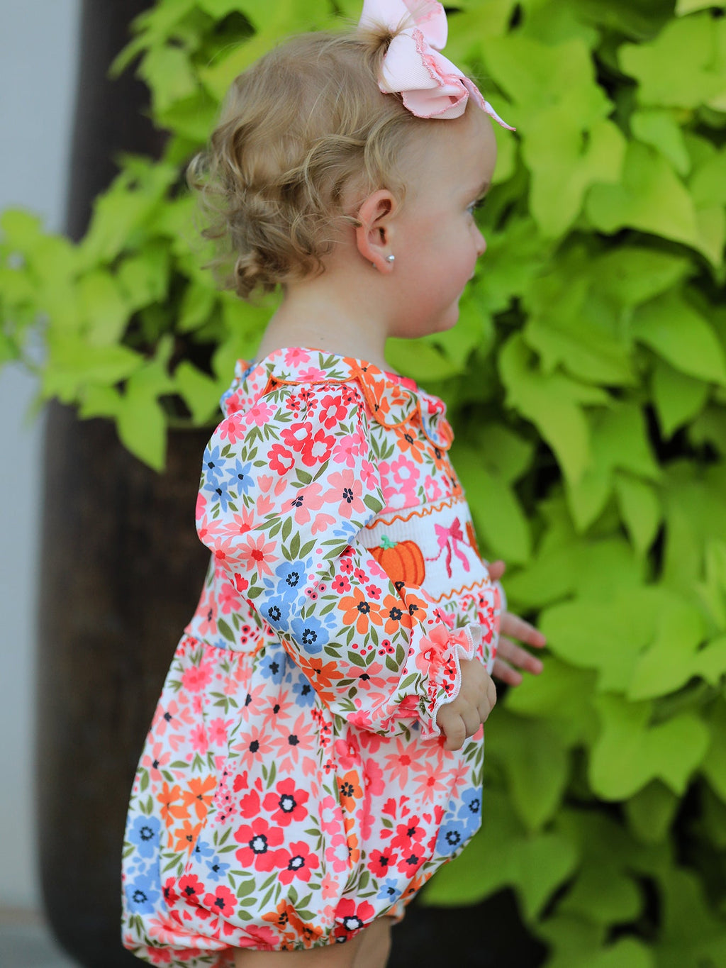 Fall Halloween & Thanksgiving Pumpkin Bow Smock Embroidered Floral Baby Girl Romper